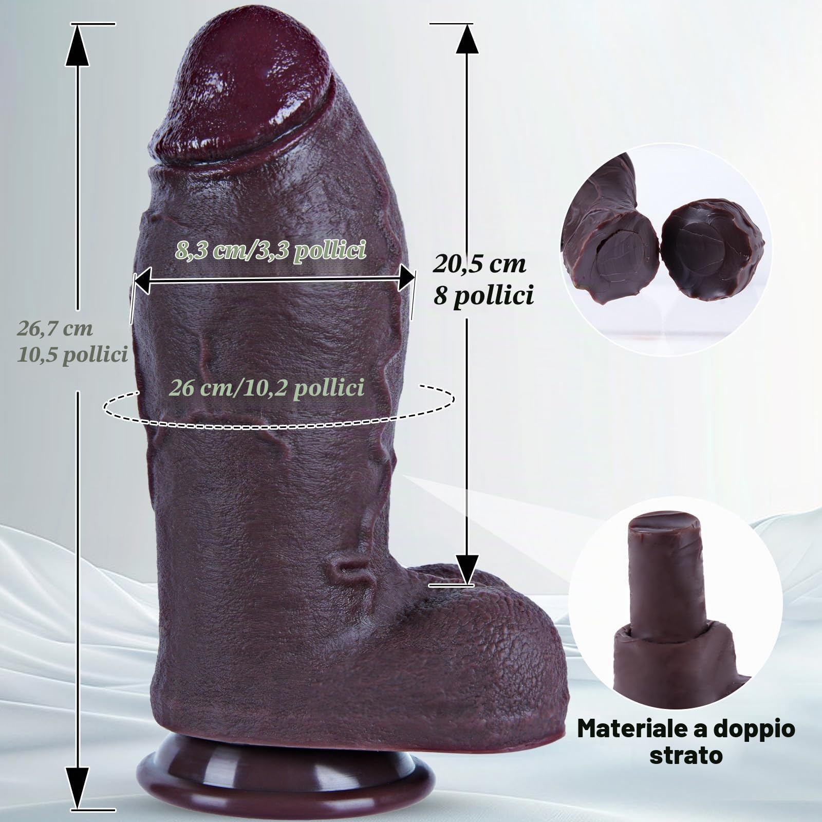 Dildo gigante in silicone a doppia densità da 26,7 cm, diametro 7,6 cm, extra spesso e realistico, con grande ventosa, giocattolo adulto XXXL, unisex, per stimolazione del punto G vaginale e uso anale
