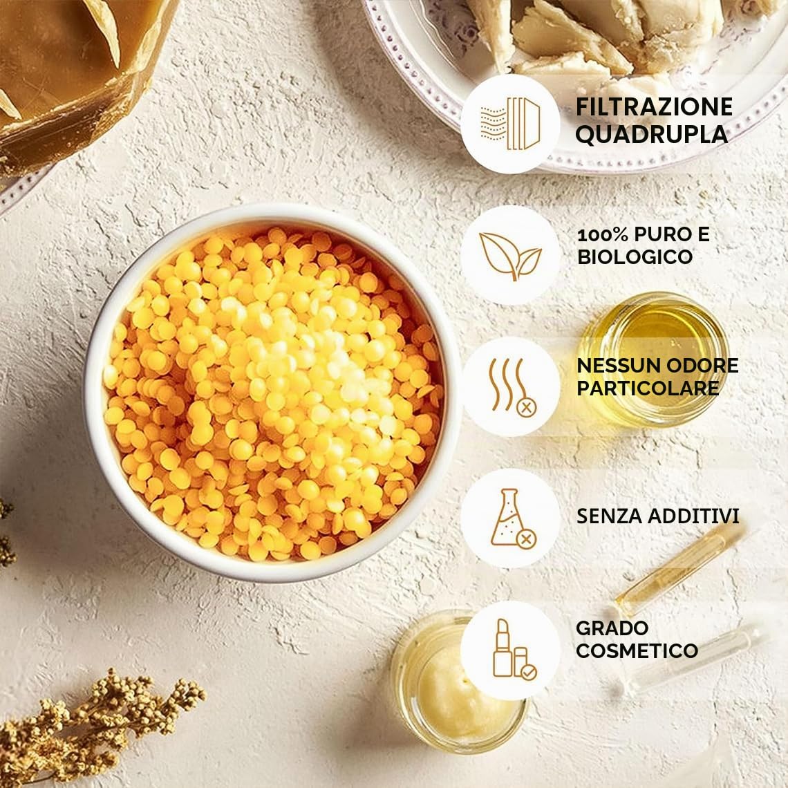1kg Pastiglie di cera d'api naturale, ideale per cosmetici, salviette di cera d'api o come cera per candele, imballaggio sostenibile