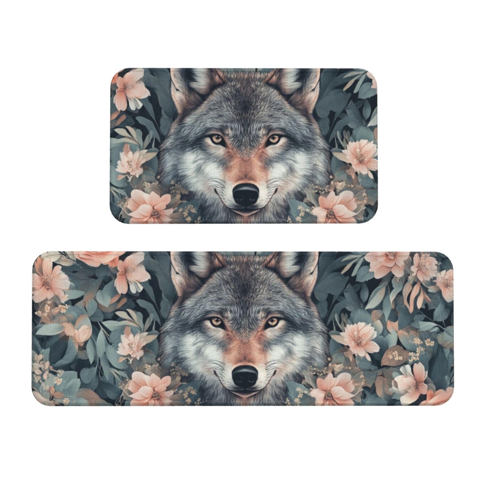 Juego de 2 tapetes de cocina acolchados con diseño de lobo y flores para suelo
