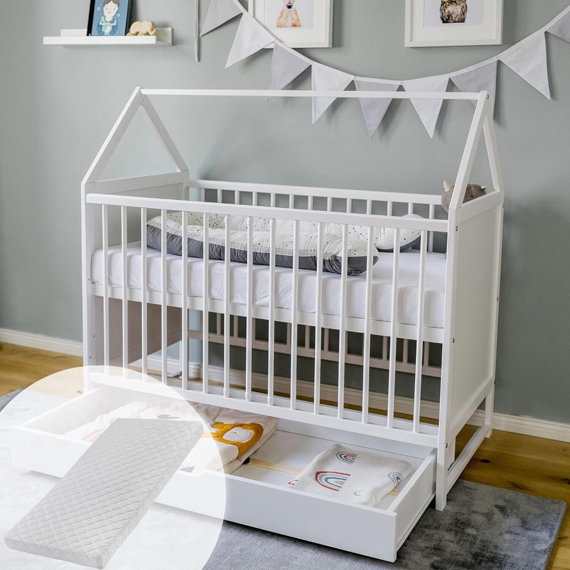 Lit d'appoint pour bébé 120x60 cm blanc réglable avec tiroir et matelas