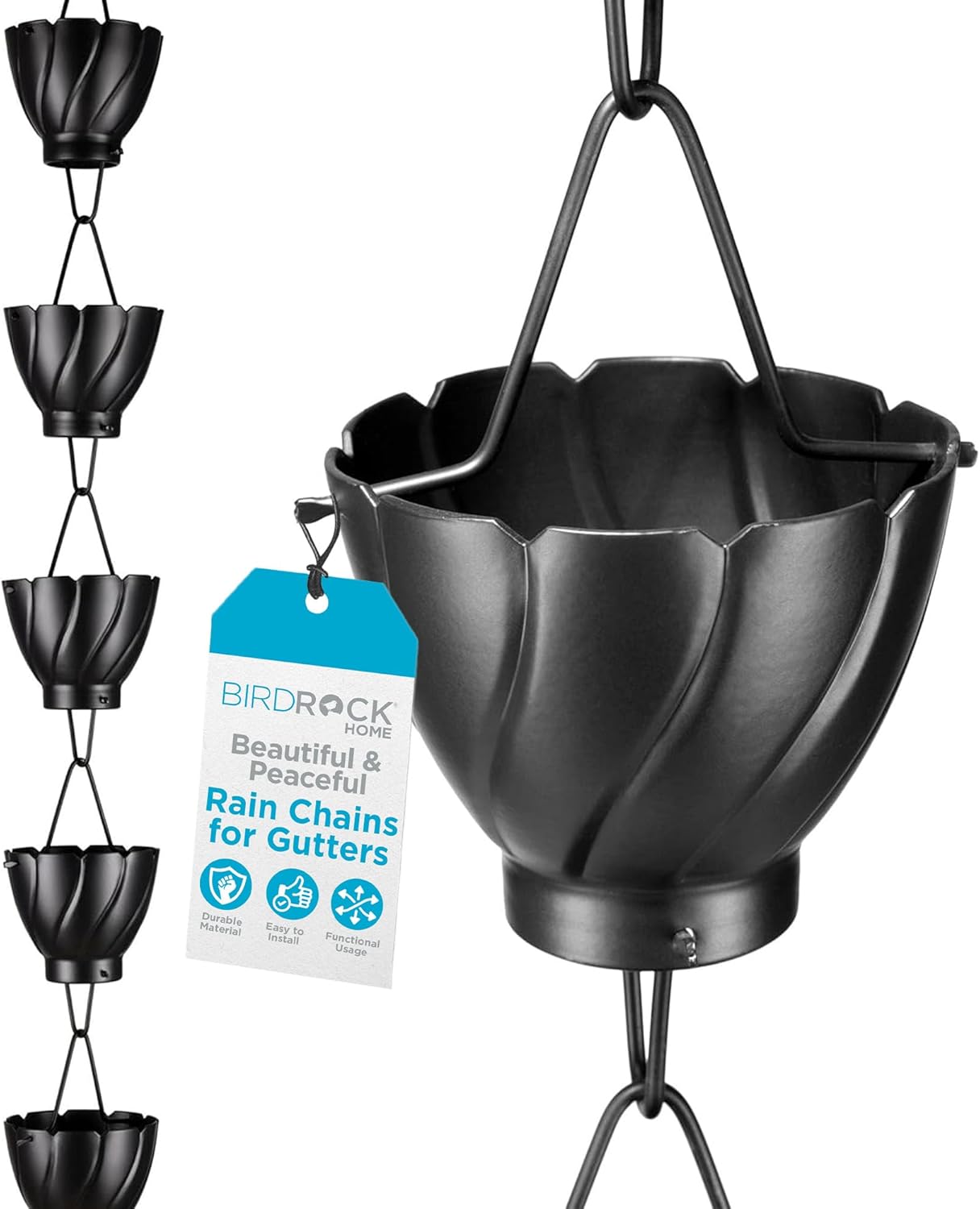 BIRDROCK HOME Rain Chains for Gutters | Heavy Duty Downspout Alternative | Adapter & Catcher | Powder Coated Aluminum | Chimes & Extensions | 8.5 ft - Decorative Copper Twist Design | Matte Black