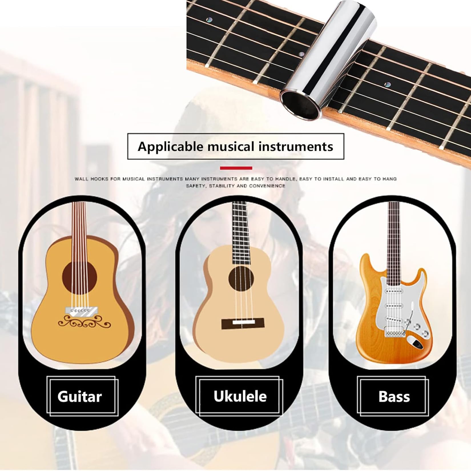 Zestaw do gitary z 1 suwakiem szklanym (6 cm) 1 suwakiem ze stali nierdzewnej (6 cm) i 4 wytrychami gitarowymi w kolorze czarnym do gitary basowej