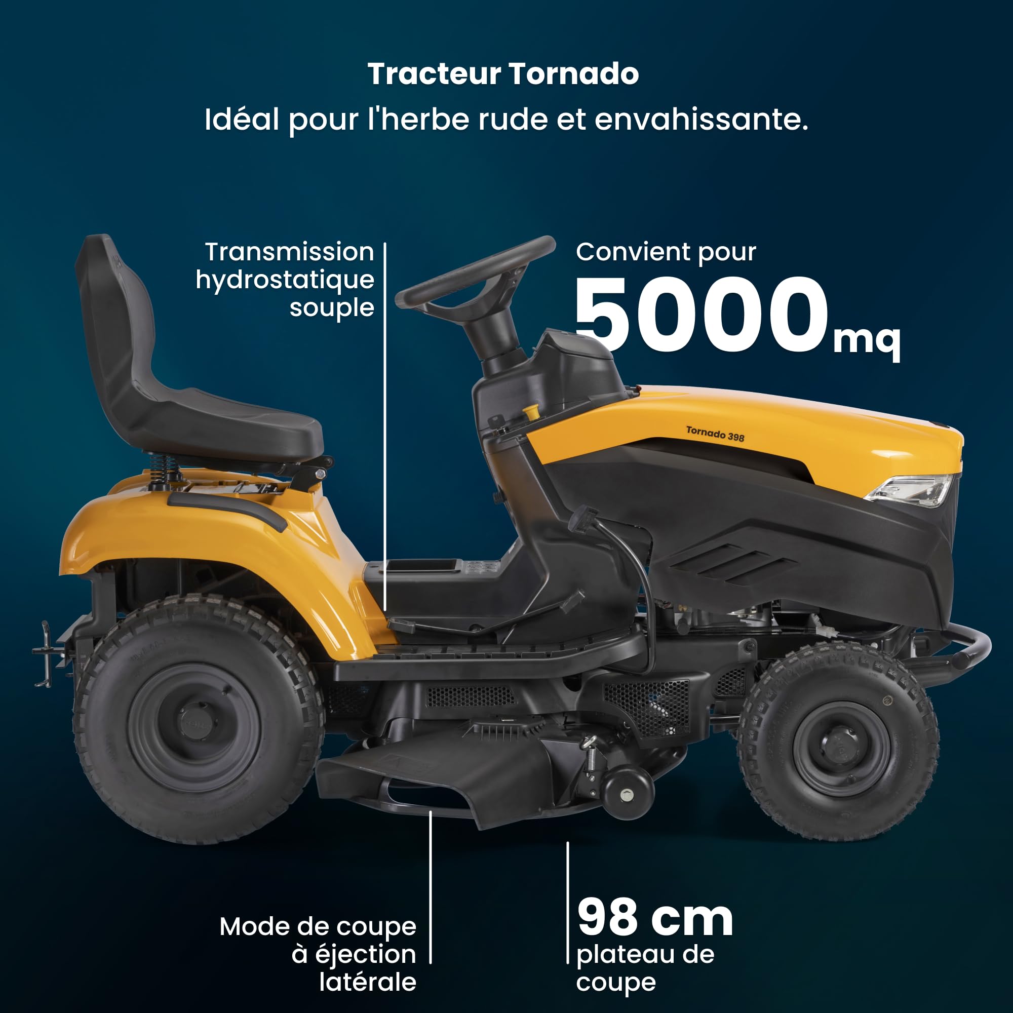 STIGA Tornado 398 Tracteur de Jardin à Essence - Moteur 432cc St 450, Plateau de Coupe 98cm, Transmission hydrostatique, éjection latérale et broyer - Idéal pour Les Grands Jardins jusqu'à 5.000 m².