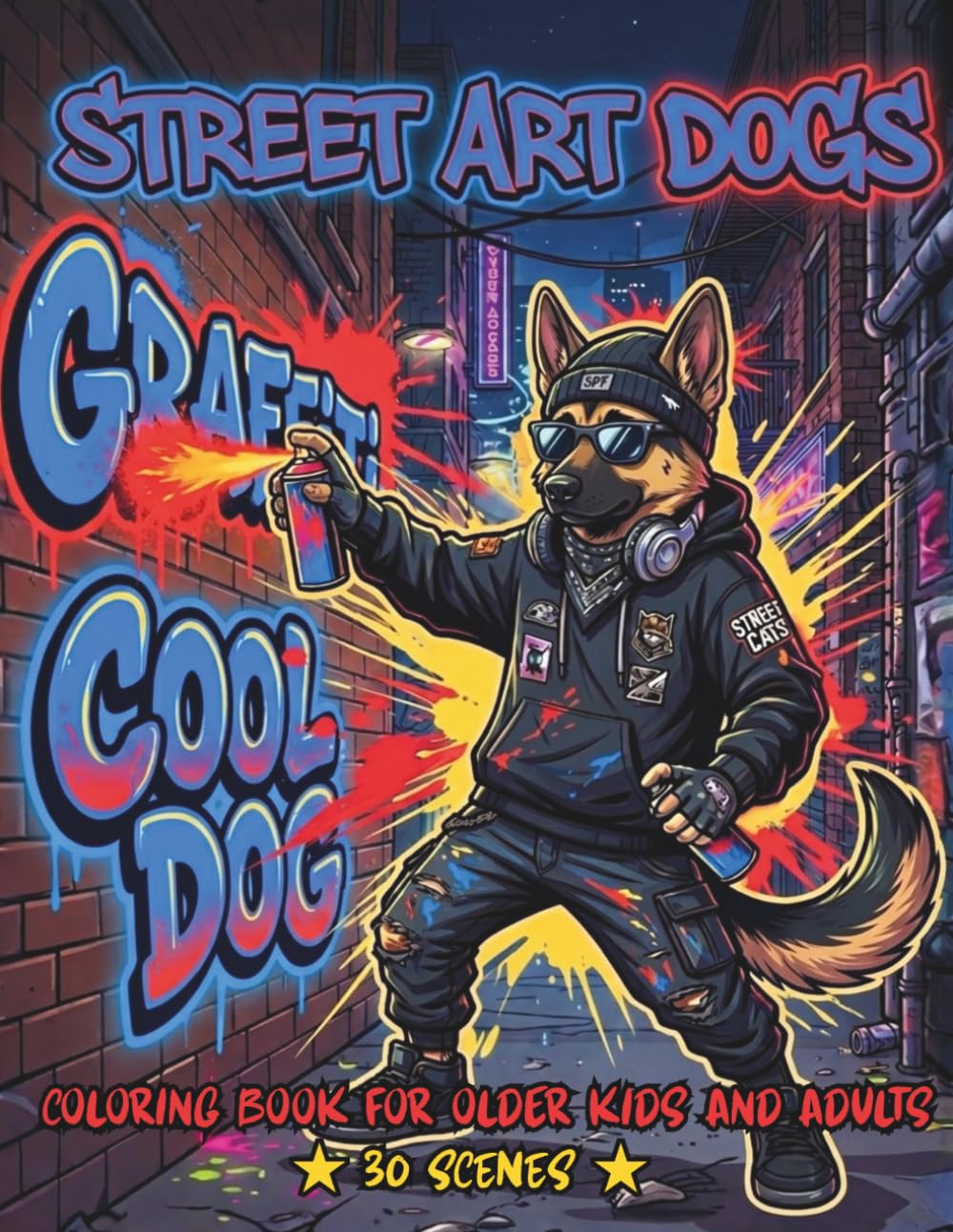 Street Art Dogs Coloring Book for Older Kids and Adults: Cool Graffiti Dog Designs with Detailed Urban Scenes for Creative and Relaxing Fun