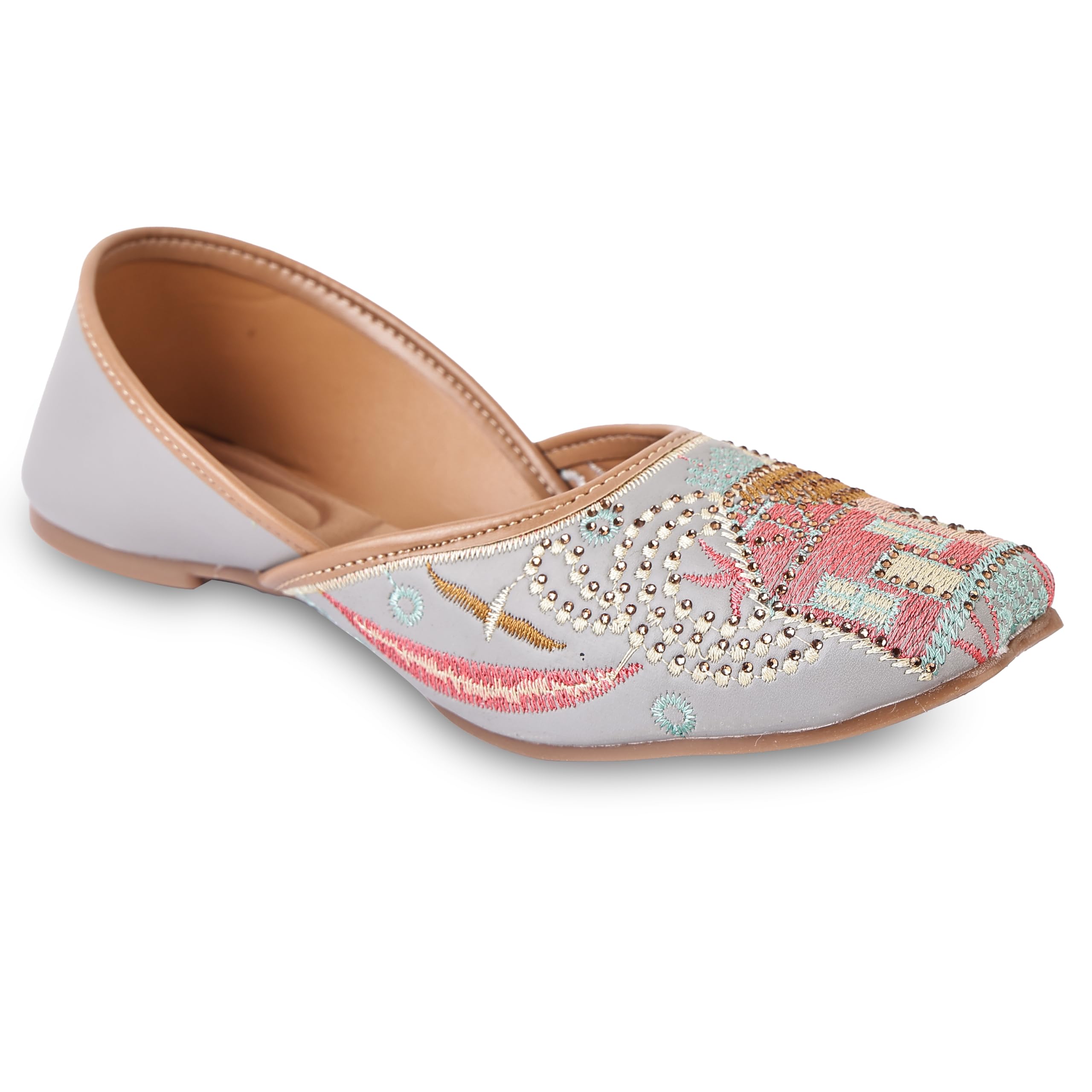 Women's Ethnic Punjabi Jutti | Multicolor Embroidered Slip-On Flat Mojari with Stone Work | Soft Cushioned Traditional Footwear for Wedding, Festive & Casual Wear-image-20