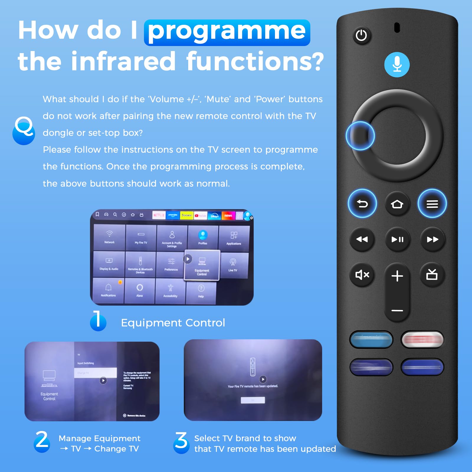 Télécommande Vocale de Remplacement 3e Génération Compatible avec Fire TV Stick 2/3 Gen 4K 4K Max Lite HD Fire TV Cube 2nd 3rd Gen Bluetooth 4 Touches Raccourcis