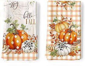Arquiel Kitchen Tea Towels Set of 2, Autumn Polka Dot Pumpkin Absorbent Hand Towel 100% Cotton Tea Towel Seasonal Tableware Gifts for Decorative Rack 48cm x 70cm