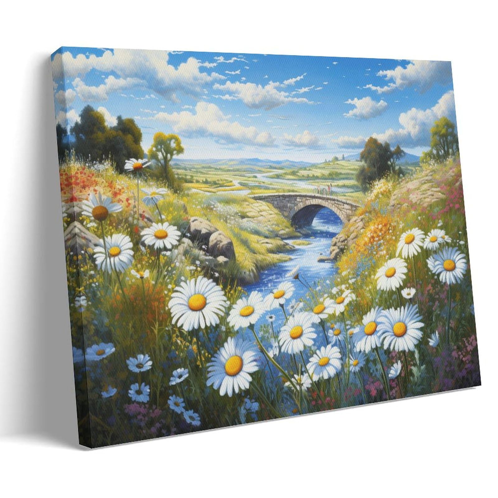 GMUKIFFY Colorful Daisies Painting on Canvas Wall Art White Flowers Landscape Stretched And Framed Canvas Prints Artwork for Home Decorations Ready to Hang Wall Decor 08x12inch(20x30cm)