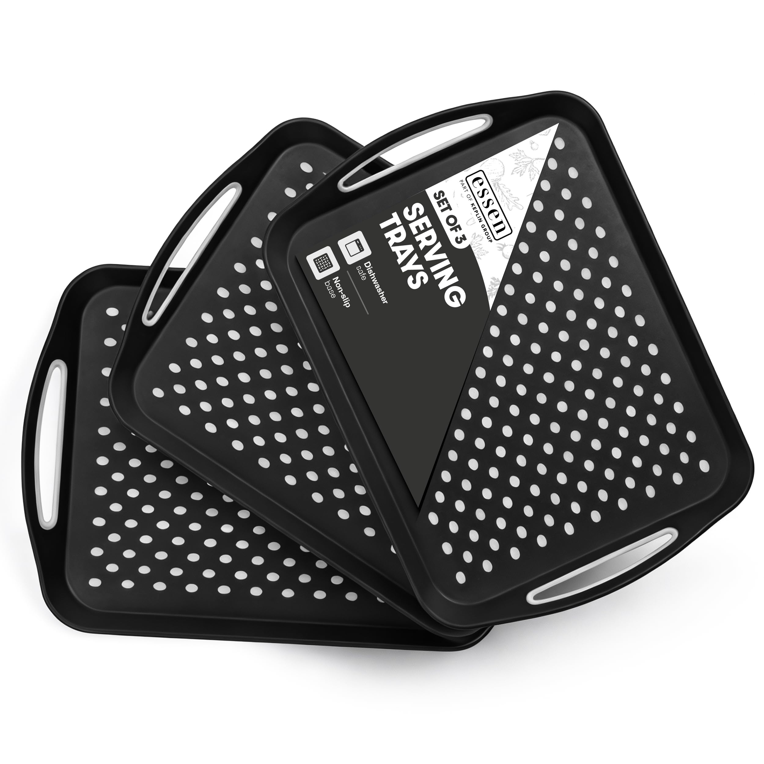 Essen 3-Pack Serving Tray Set – Non-Slip Lap Boards with Grip Handles, Ideal for Food Prep, Tea, Breakfast in Bed – Plastic Tray for Stable Dining – Dishwasher Safe (Black/Black)