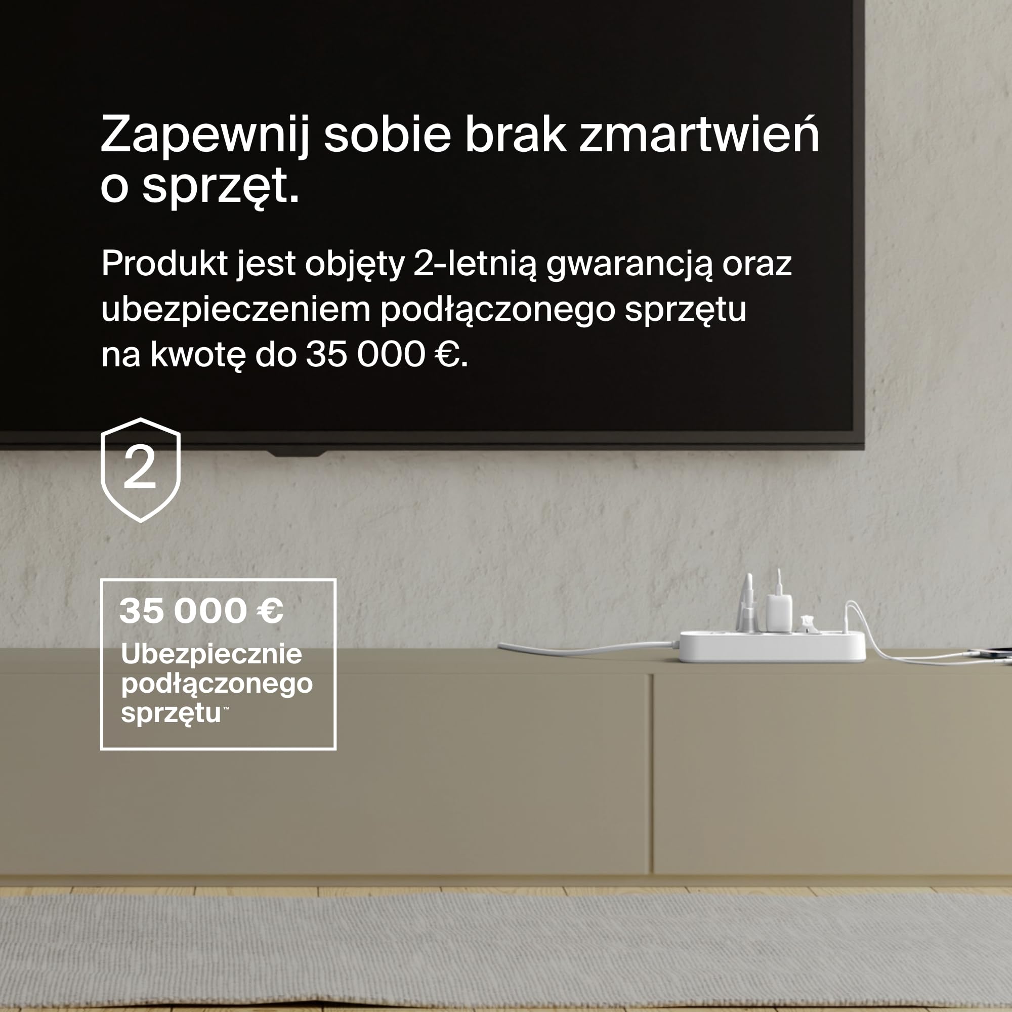 Belkin Listwa przeciwprzepięciowa z 6 gniazdami, montaż na ścianie, 6 gniazd AC, kabel 2 m i zielony wskaźnik świetlny – port USB-C i port USB-A z szybkim ładowaniem USB-C PD – poziom ochrony 650 J