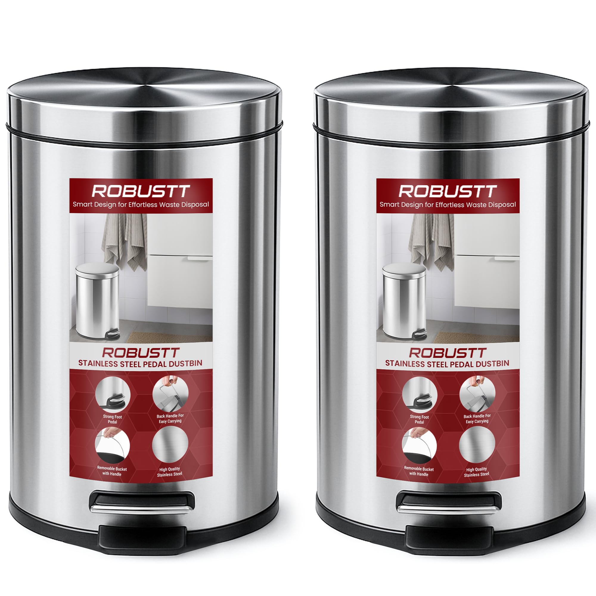 Robustt Dustbin with Pedal - 22L | Silver Stainless Steel trash can | 12 Inch (W) x 20 Inch (H) | Small Trash Can for Bathroom, Bedroom, Toilet, and Kitchen – Durable & Corrosion-Resistant - Pack of 2-image-19