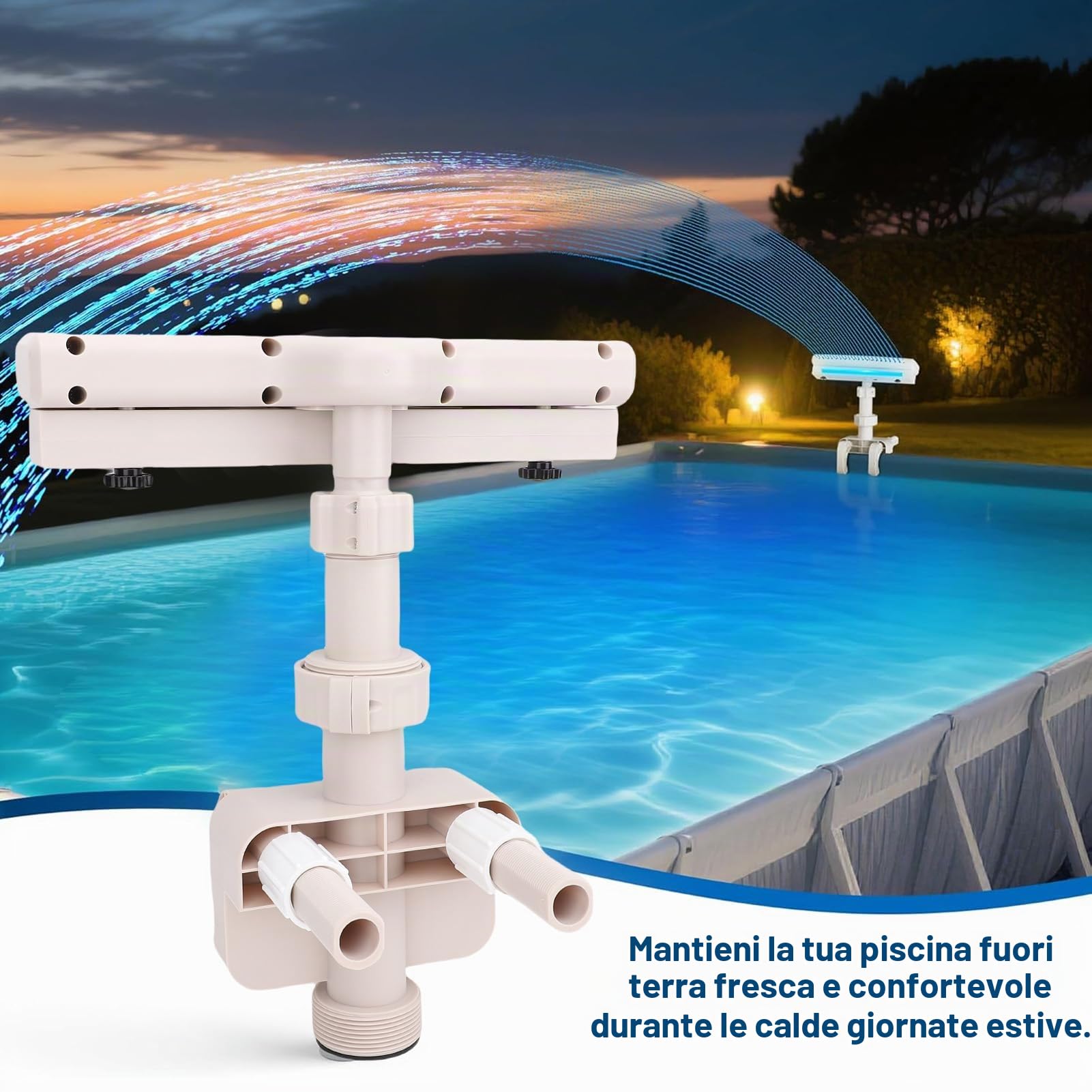 Tnfeeon Fontana per Piscina Fuori Terra con Luci a LED, Cascata, Spruzzo Rotante a 360 Gradi, Decorazione per Piscine Esterne, Materiale in PVC, 31,5x45 cm
