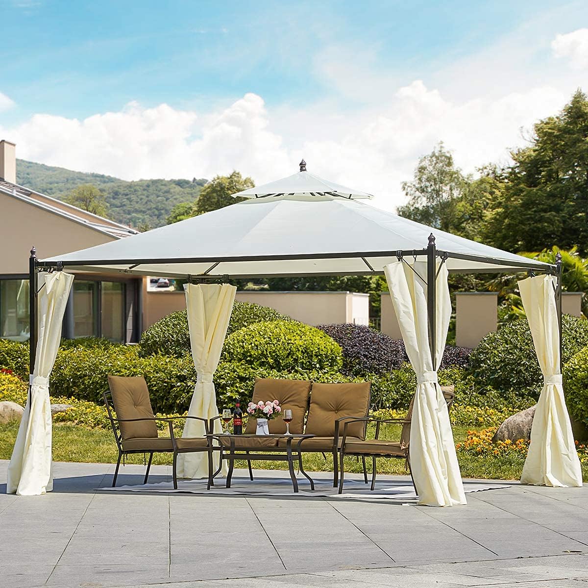 YOLENY 10x12 FT Canopy Gazebo Outdoor Gazebo Steel Frame with Vented Soft Top for Backyard, Patio, Party, Event, Cream with Curtain