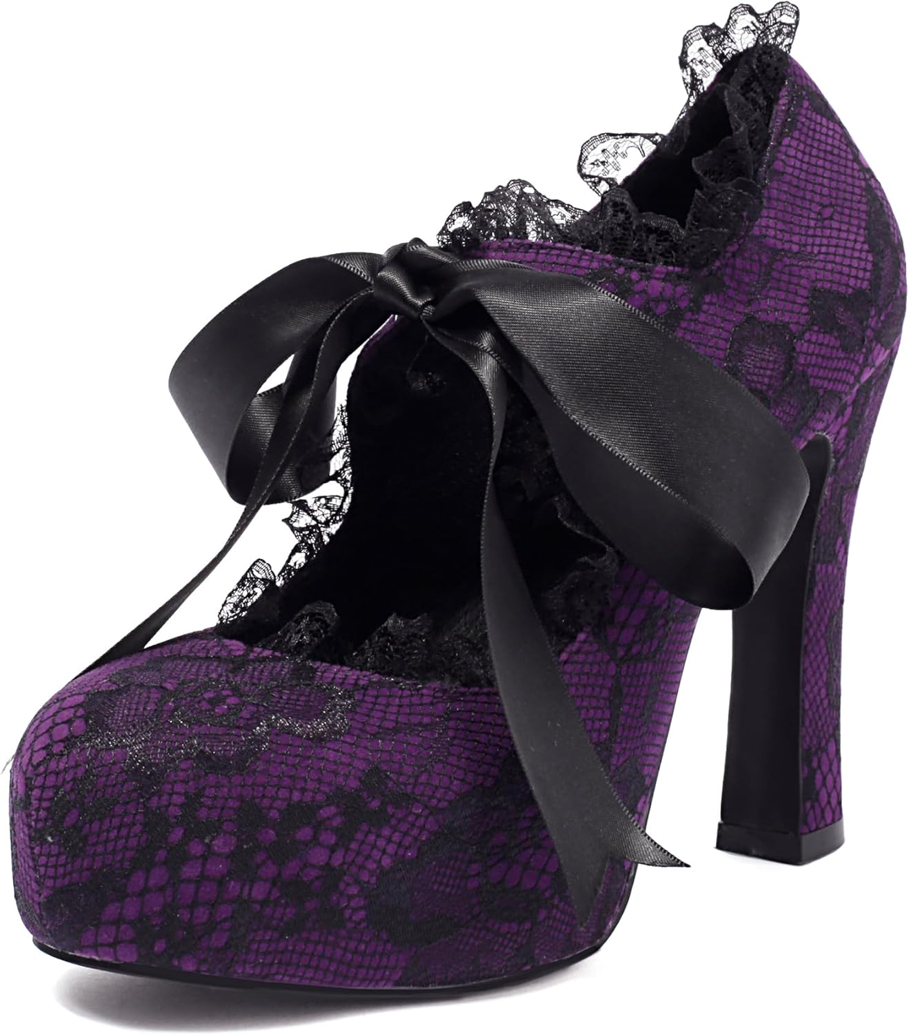 Elerhythm Women's Lace Flower Mary Jane Punk Closed Toe Prom Costume Elegantes Gothic Pumps Vintage Sweet Platform High Heels Shoes