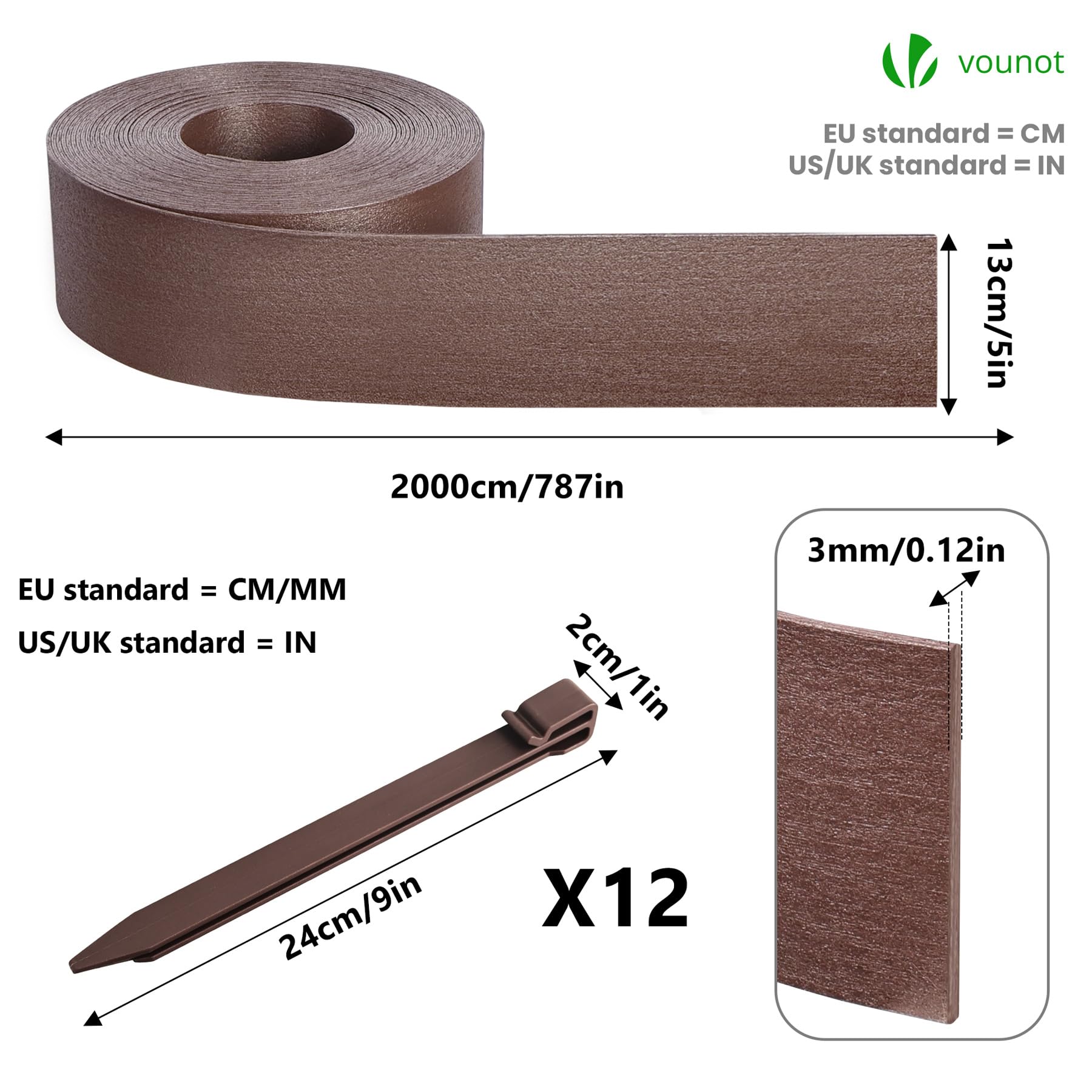 VOUNOT® Bordo Giardino Flessibile, Bordi Aiuole PE Bordura per Prato con Picchetti di Fissaggio, Lunghezza 20m Altezza 13cm Spessore 3mm, Marrone