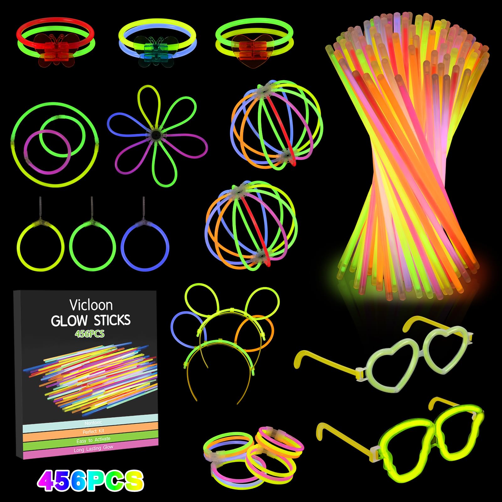 Vicloon Barras Luminosas, 456pcs Pulseras Luminosas con Conectores, Pulseras Luminosas, Pulseras Luminosas Fluorescentes, Kits para Crear Pulseras y Collares, Carnaval Festividad Fiestas Disfraces