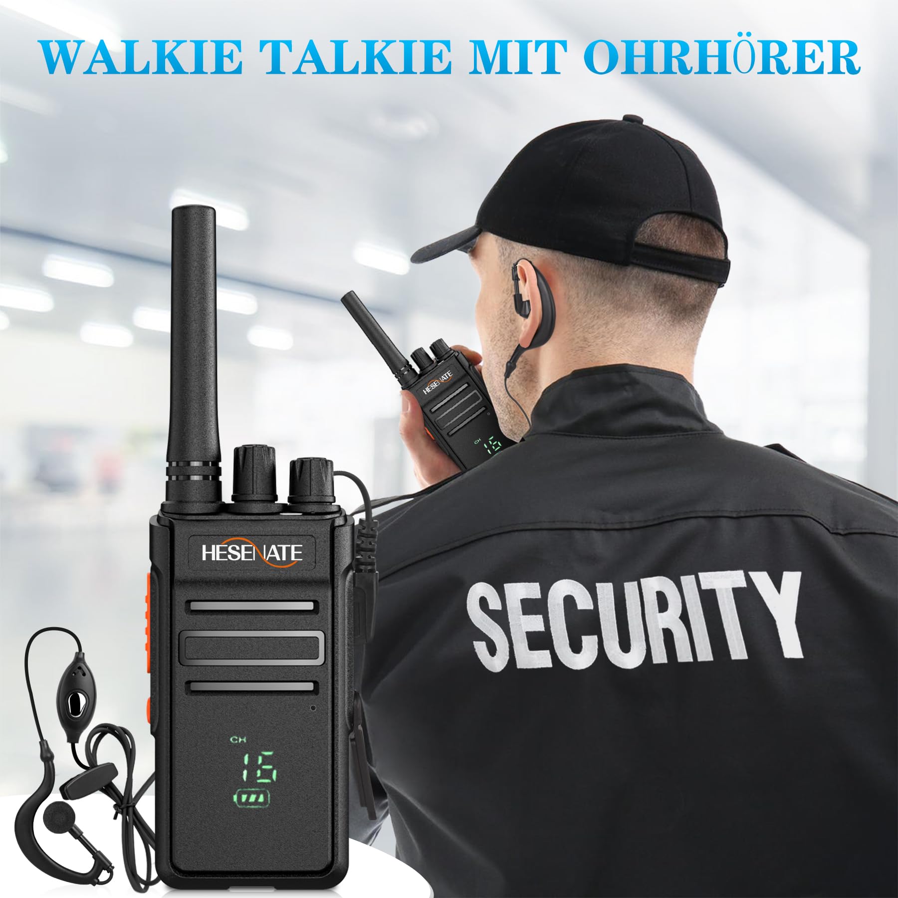 HESENATE HT66 Plus Funkgeräte Set Anzeige PMR446 Lizenzfreies Woki Toki | Große Reichweite Walkie Talkie Professionelles Funkgerät 16 Kanäle Walky Talky Handfunkgerät mit Kopfhörer Schwarz 6er set