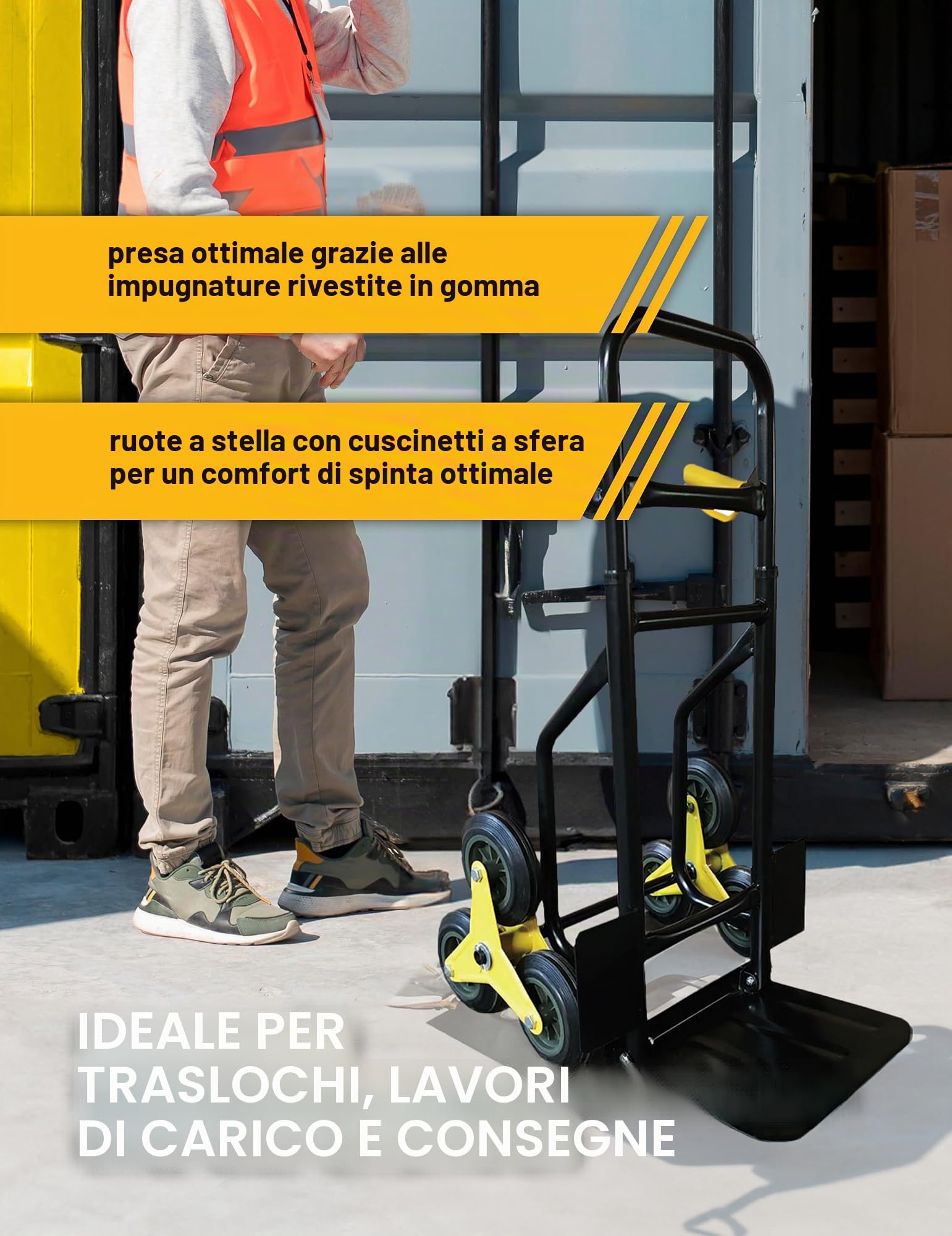 Malocher, carrello pieghevole per salire le scale, portata 200 kg, 6 ruote a stella per un facile trasporto, maniglie rivestite in gomma, ideale per traslochi e carichi, AND_4