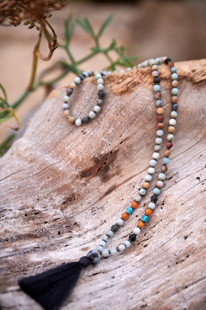 Naturalny amazonit + jadeit + hematyt 6 mm 108 koralików mala, duchowe, koraliki do medytacji, Reiki, Japa Mala, buddyjskie koraliki modlitewne, bransoletka do jogi, koraliki lecznicze