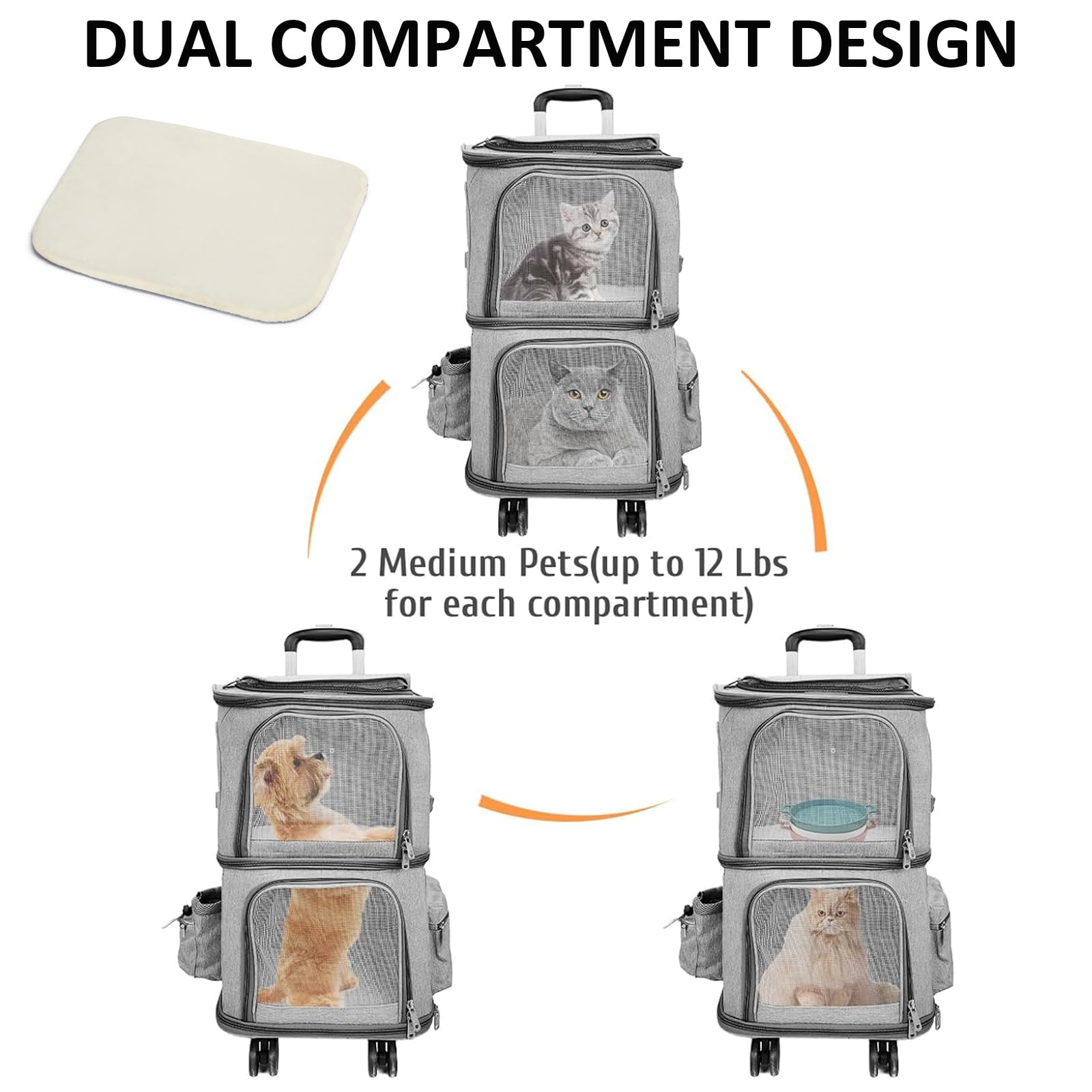 Transportín para Mascotas con Ruedas, Mochila Doble para Gatos con Ruedas Desmontables, Bolsa De Viaje Portátil, Mochila Plegable para 2 Gatos/Perros Pequeños/Conejos,Gris