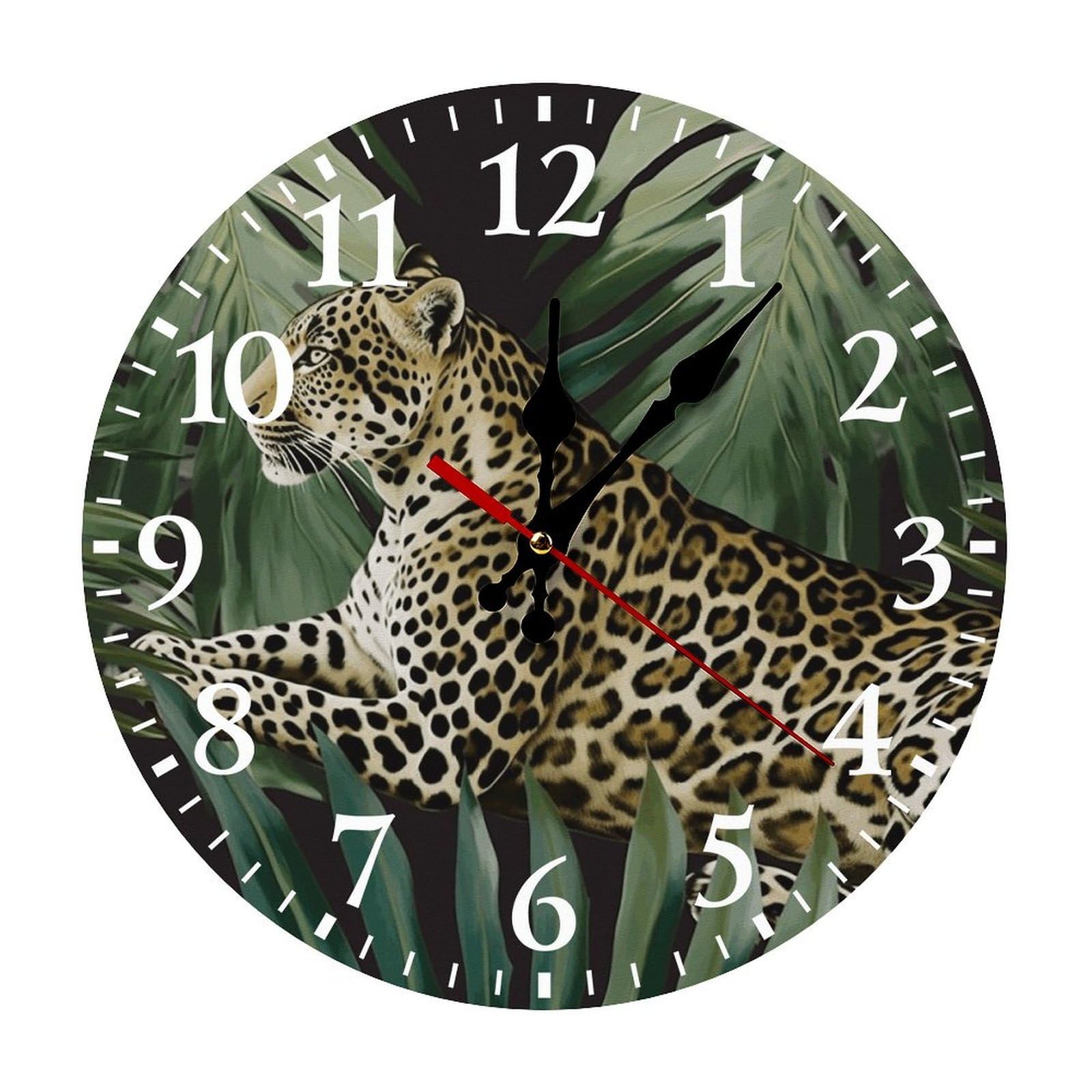 NTVOWPZO 10 Inch Wall Clock Leopard Palm Leaf Battery Operated Wall Clocks Silent Non-Ticking Round Wall Clock for Living Room Kitchen Home Office Wall Decorative Clock