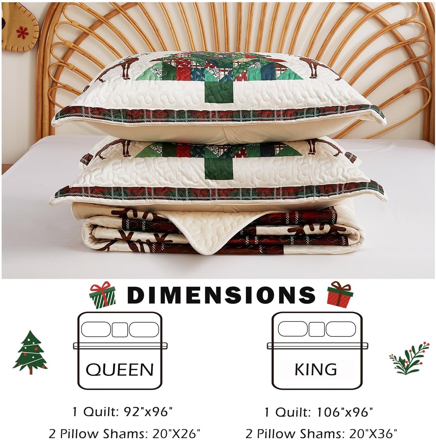 Cmfshape Velvet Christmas Quilt Queen Size-Cream Bedspread Comforter with Christmas Checkered Tree Pattern-Soft Lightweight Coverlet & Bedding Set-92"x96"