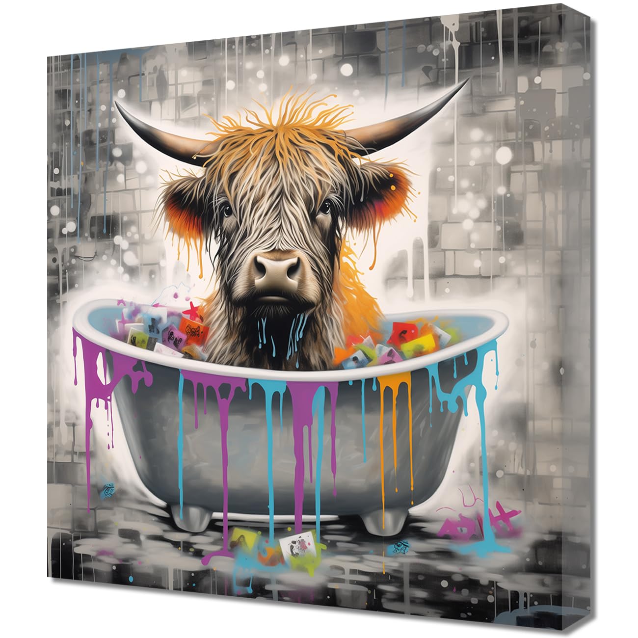 LMYSXAOZ Highland Cow Canvas Wall Art in Bathtub Graffiti Painting Prints Funny Bathroom Animal Poster for Home Decor (Graffiti,16.00" x 16.00")