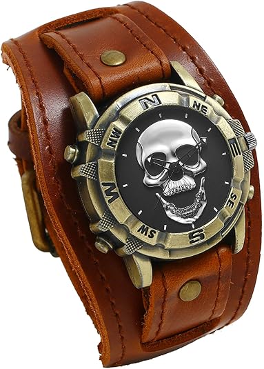 Avaner Vintage Punk Leather Watches: Retro Bronze Skull Wide Band Quartz Cuff Watches for Men