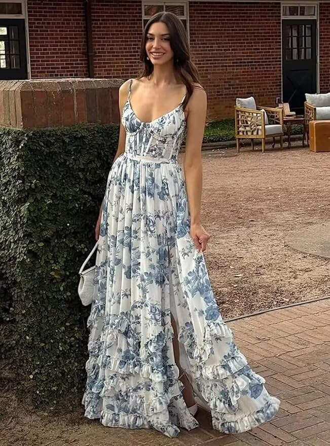 Women's Chiffon Bridesmaid Dresses with Slit 2025 Floral Printed Spaghetti Straps Formal Evening Dress DE4964
