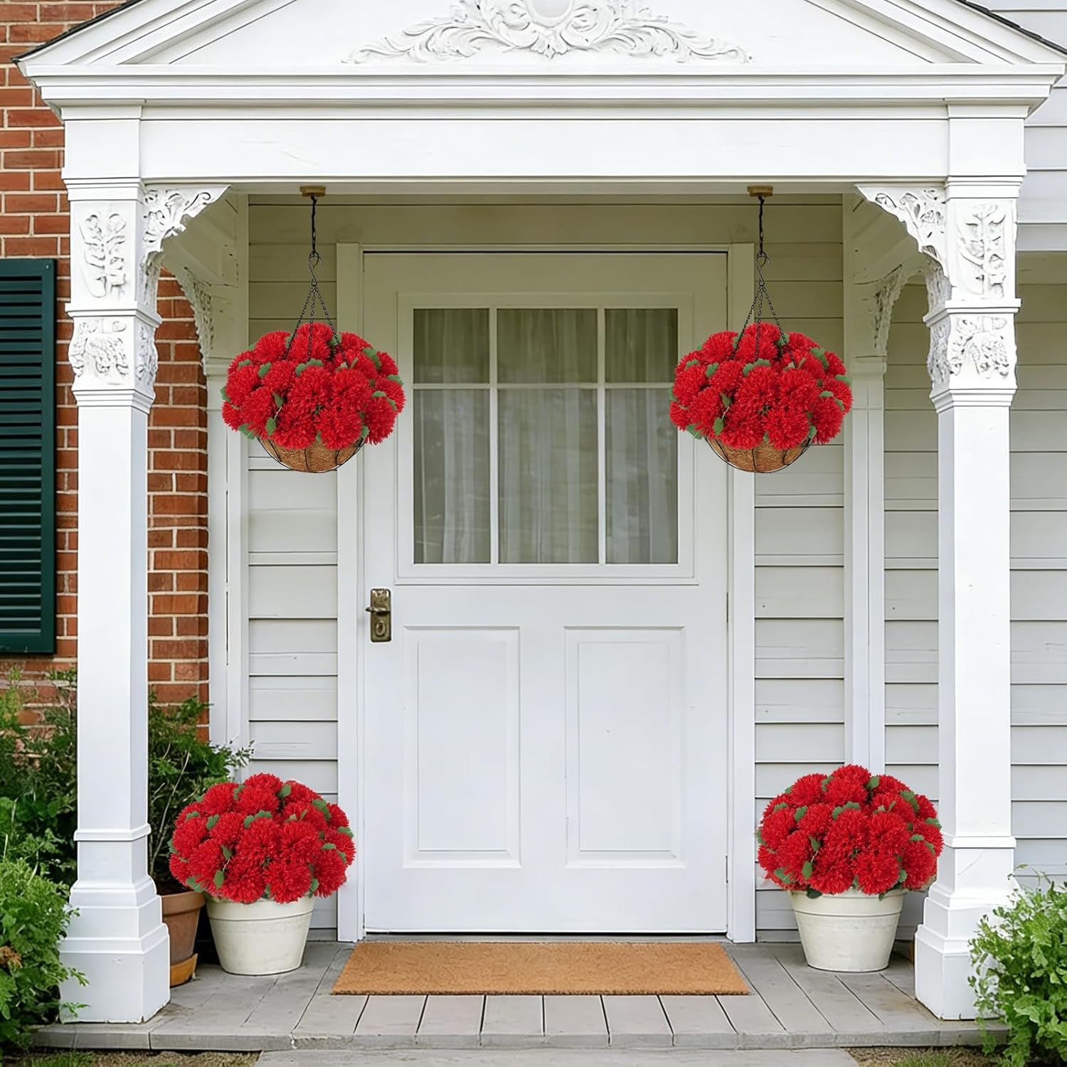 2 Set Artificial Fake Hanging Flowers with Basket for Outdoor Spring Summer Decoratio 18 Inch Red Silk Chrysanthemum Flowers UV Resistant Outdoor Faux Hanging Plants for Porch Patio Garden