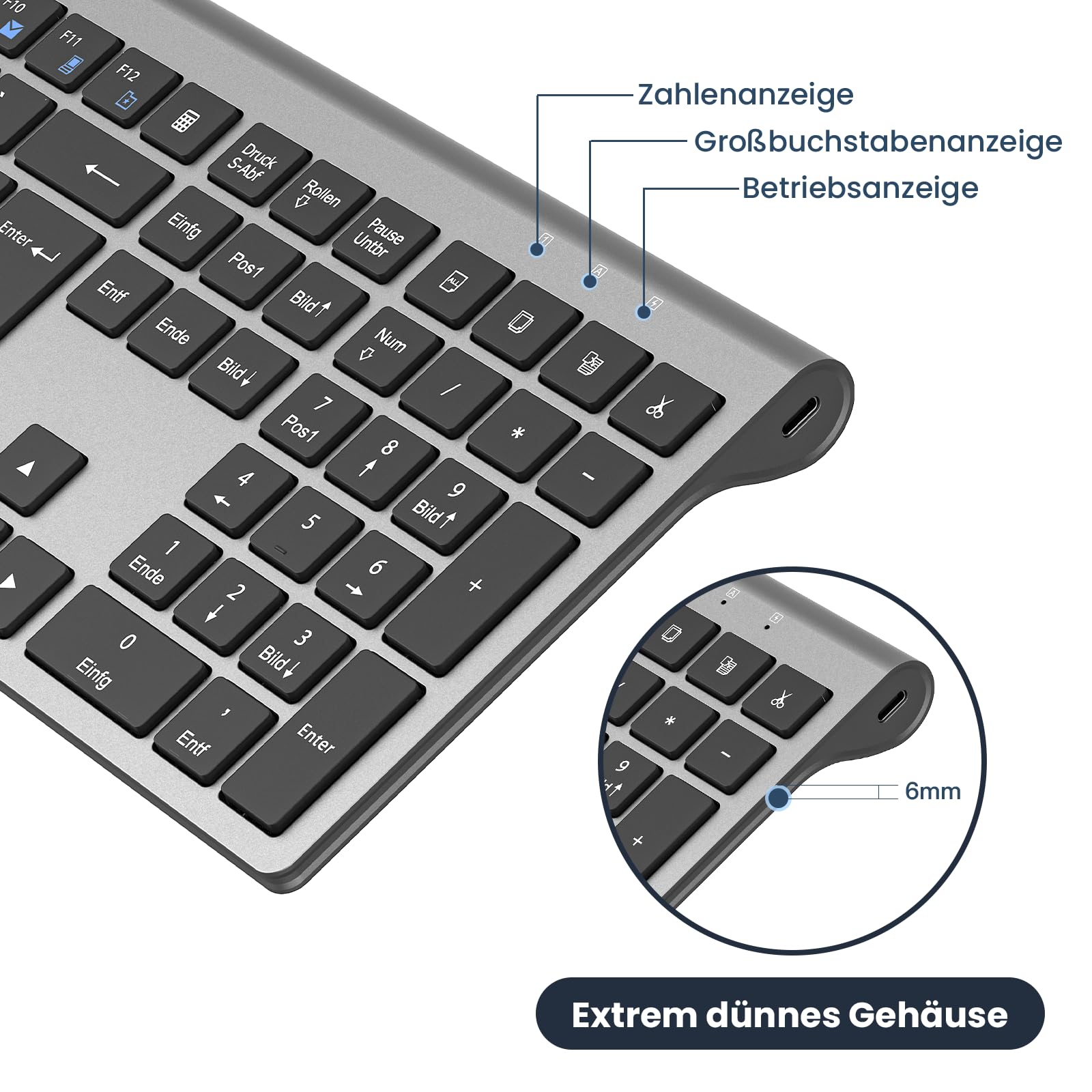 cimetech Tastatur Kabellos 2,4G Aufladbare Full Size Ultraslim Keyboard