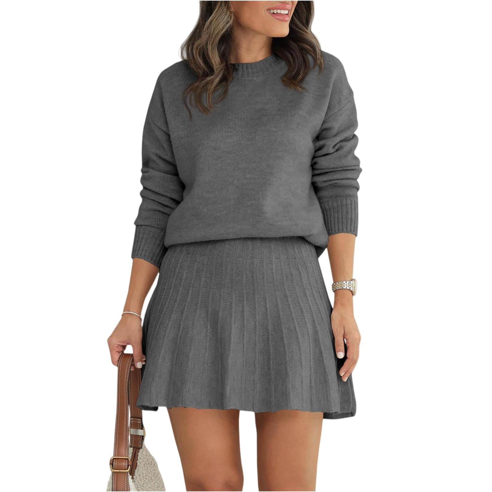 Two Piece Set for Womens Long Sleeve Knit Pullover Pleated Mini Skirt Casual Solid Loose Fit Sweater Fall