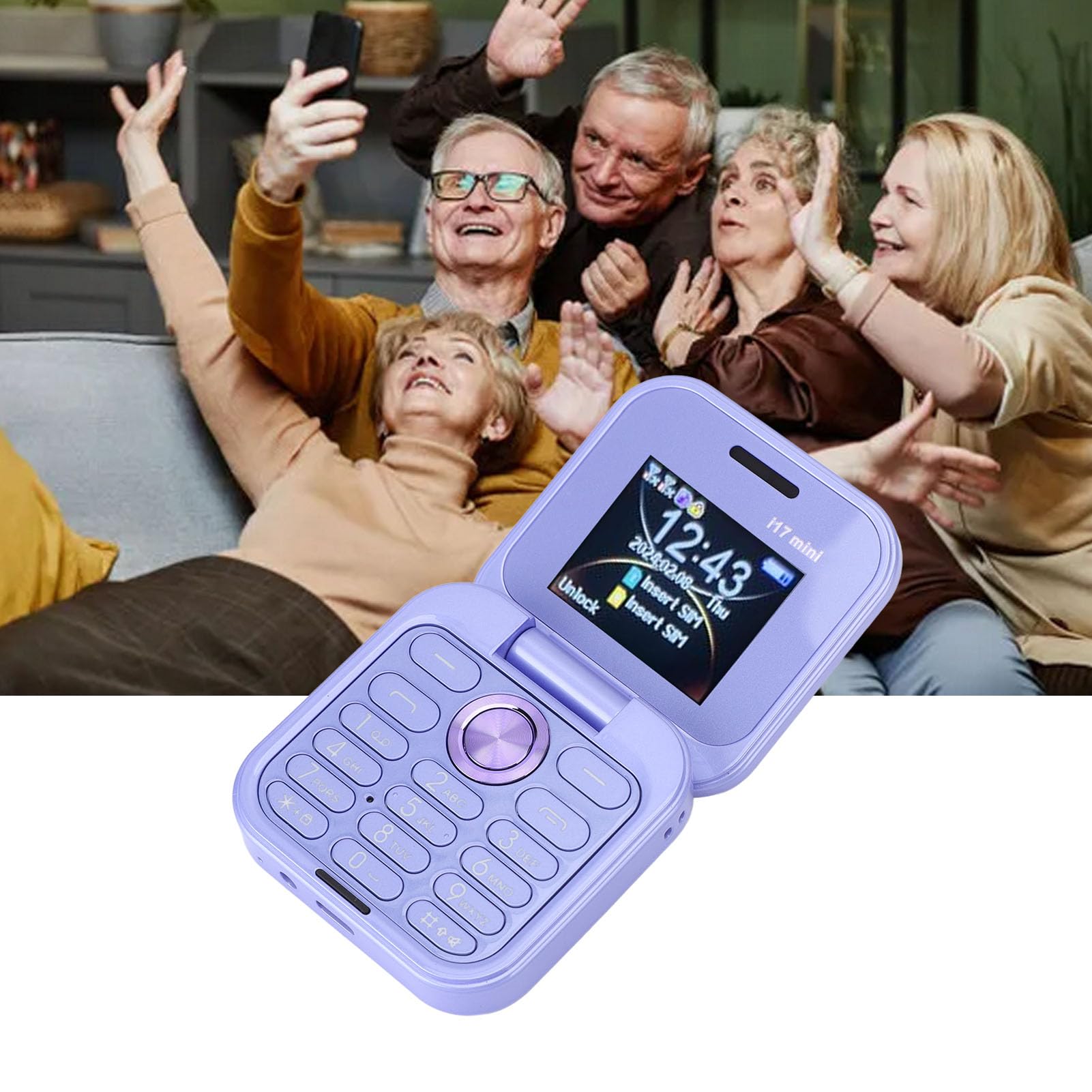 Bewinner El Teléfono Celular Más Pequeño con Tapa: Nano SIM Dual, Radio FM, Reproductor Multimedia 2G, Linterna LED, Cámara Trasera HD, Cordón para Personas Mayores (Violeta)
