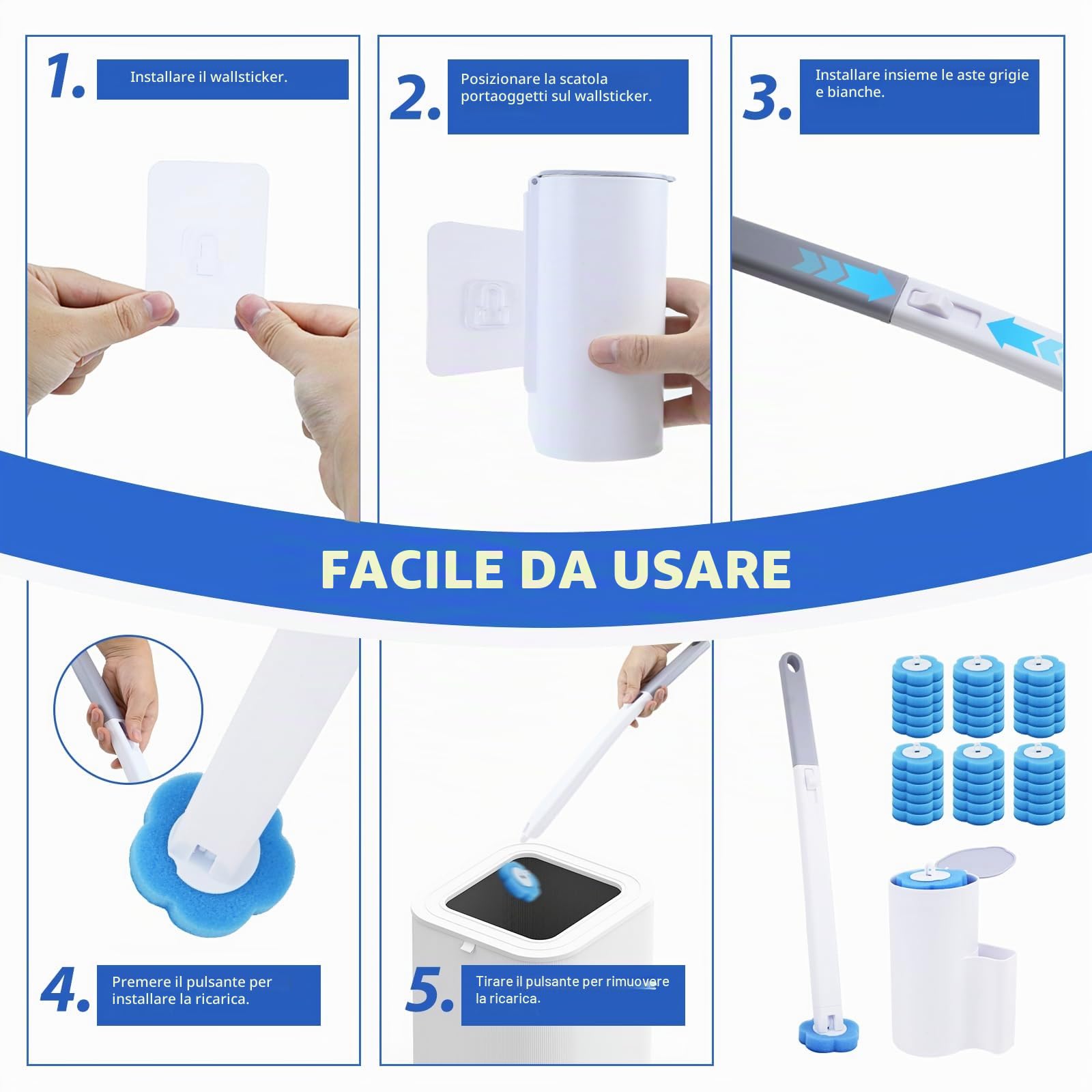 Scopino WC Usa e Getta (con Pulizia WC) – Set di Scopino Bagno WC a Parete in 2 Pezzi, Comprensivo di 54 Dischetti Struccanti e 2 Supporti per Riporle – Set Bagno Spazzolone Bagno Accessori Completo