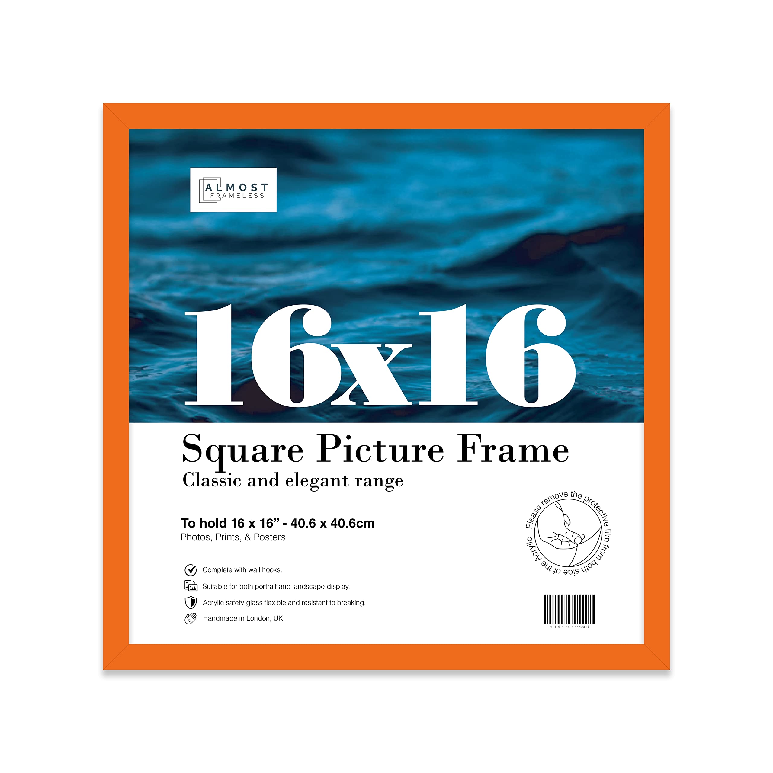 Almost Frameless 16x16 Orange Picture Frame 16"x16"(40.6x40.6cm) Poster, Photo, Artwork, or Print. Thin Edge Slim Frame Portrait and Landscape Display with Wall Hooks