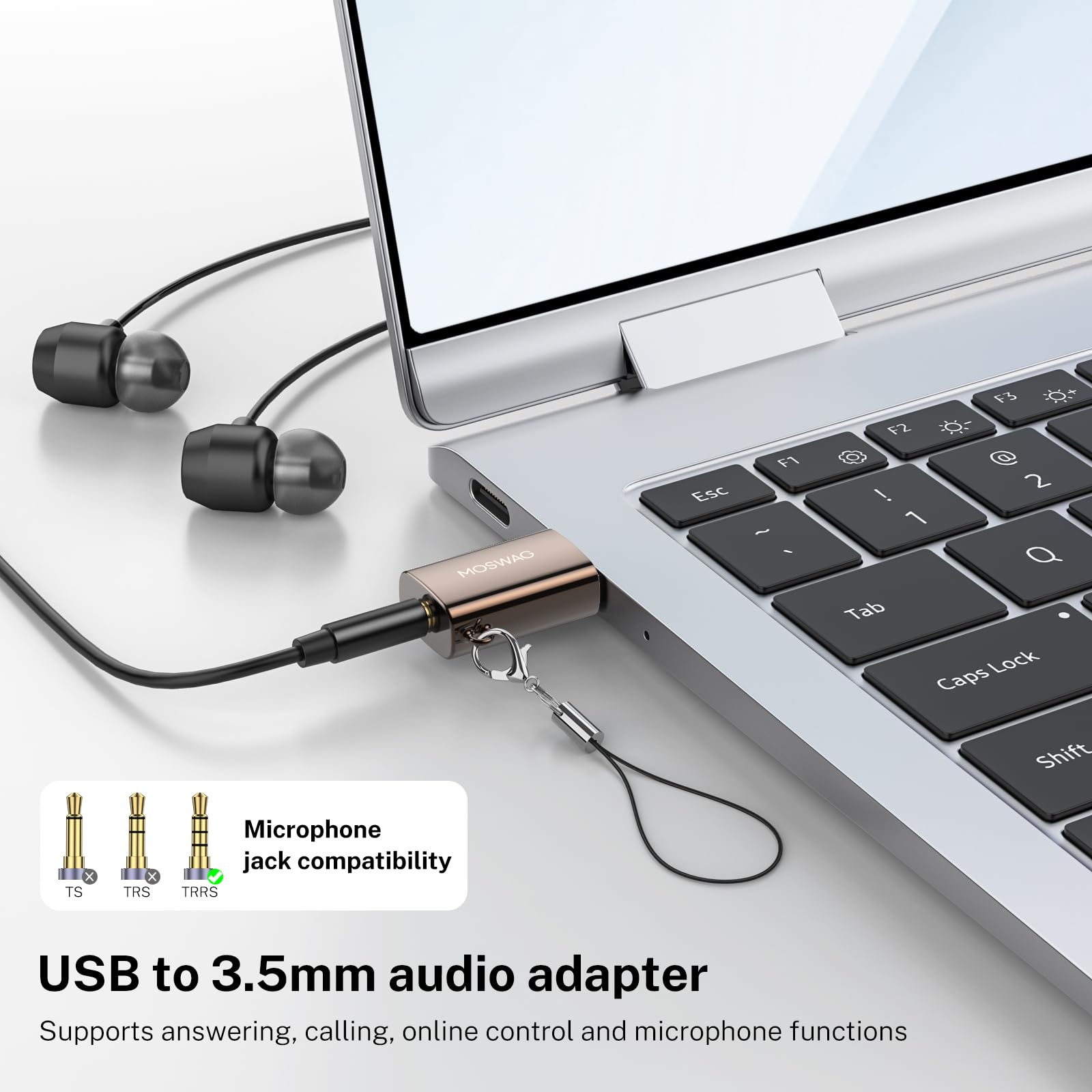 MOSWAG Adattatore audio da USB a jack da 3,5 mm, adattatore audio jack per scheda audio esterna, convertitore AUX per microfono TRRS USB compatibile con cuffie, PC, laptop, Mac, desktop, Linux, PS4 e
