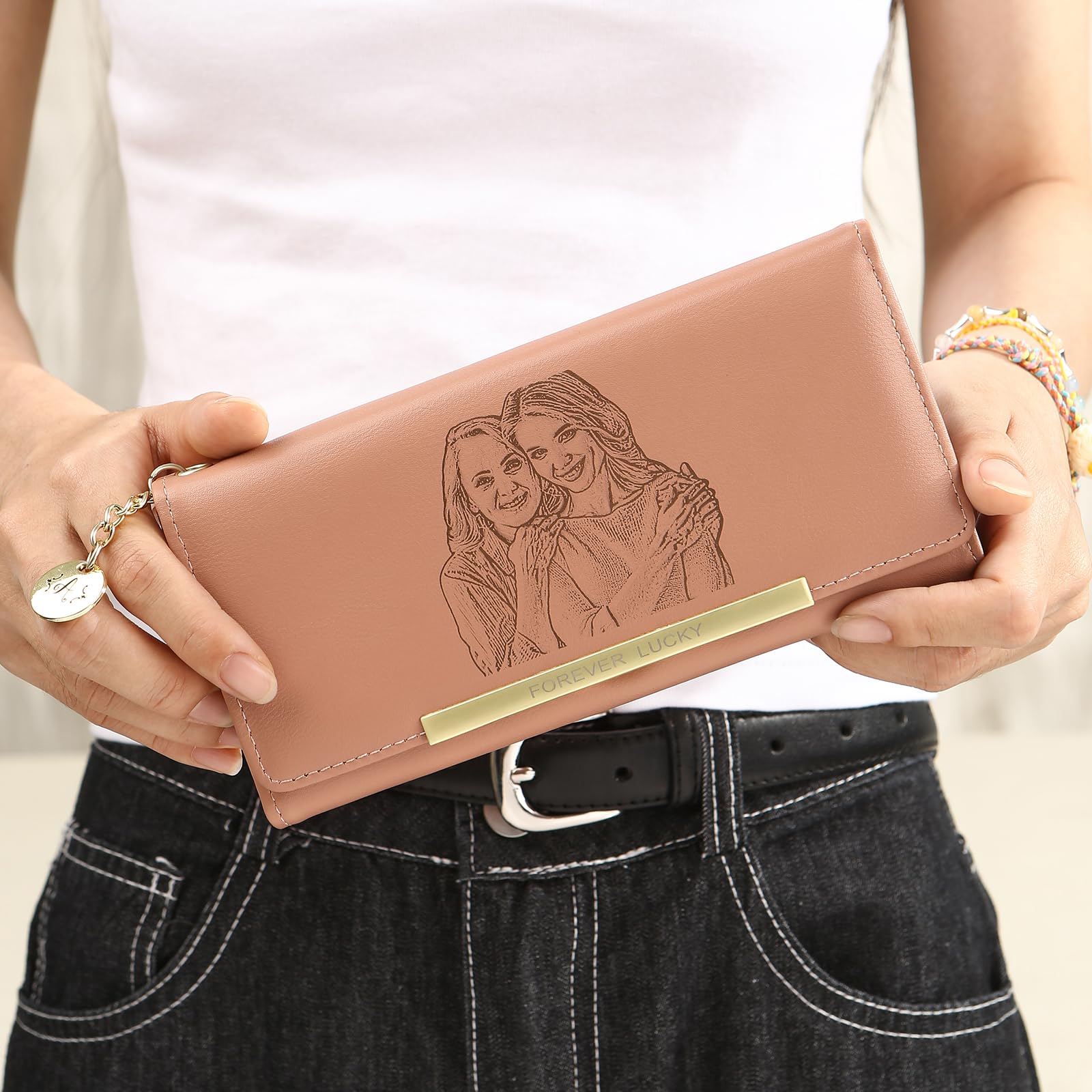 Personnalisé Portefeuille Femme Grand Format Photo et Nom Portefeuille avec Pochette de Monnaie Porte-Cartes Cadeau pour Femme Anniversaire Noël (Rose)
