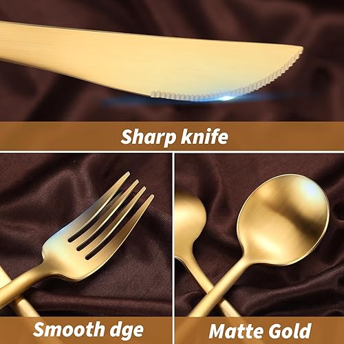 Miniatura 5 de Juego de cubiertos dorados de 20 piezas para 4, cubiertos de acero inoxidable 18/10 con cucharas y tenedores gruesos, cubiertos dorados mate,