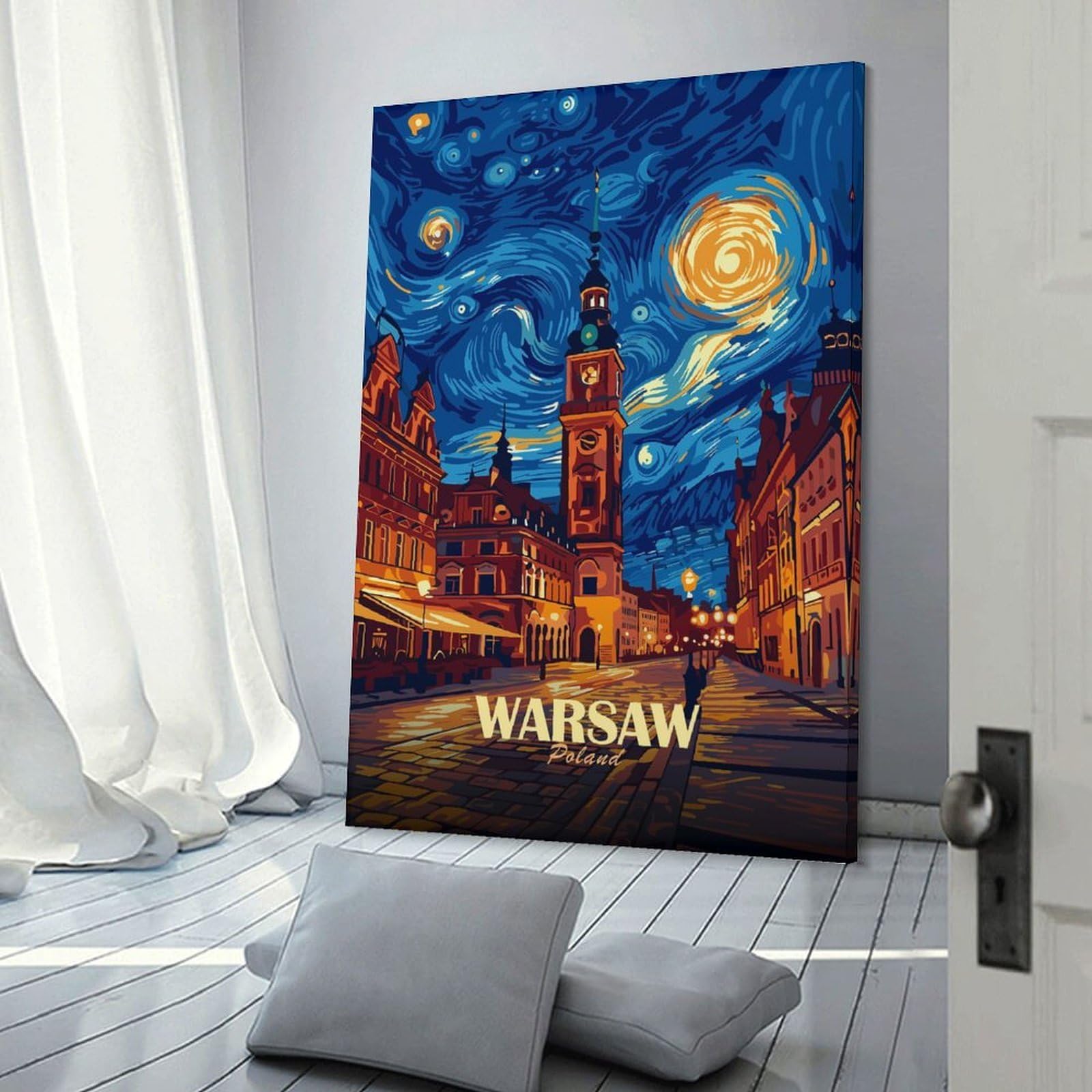 Junmoney Warsaw Poland Starry Night Art Room Decor Wall Art, 24x36inch(60x90cm), for Entrance Walls, Hall Decor Or Foyers, A Neat Decor Update for Hallways