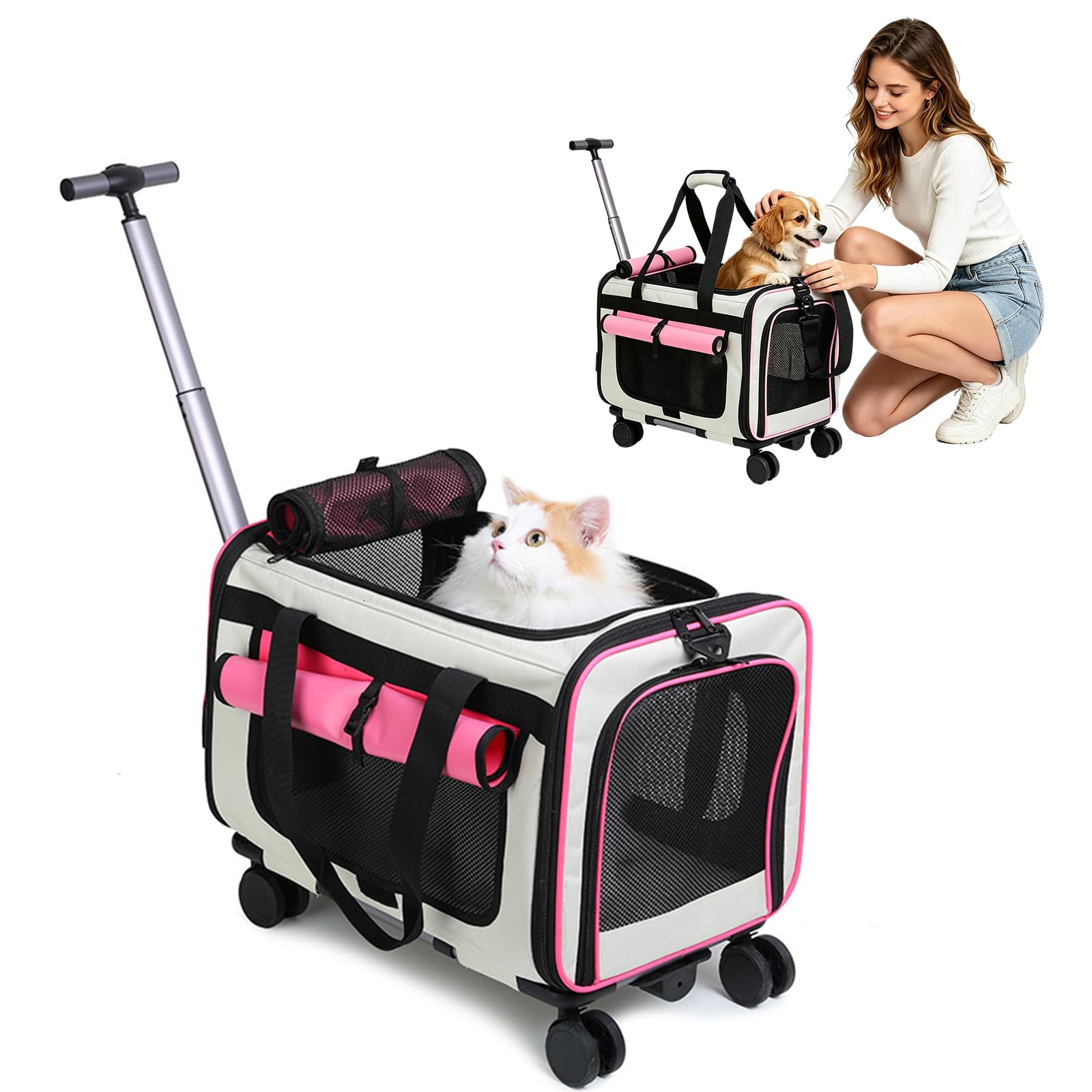 PETCUTE Cat Carrier on wheels, Soft-Sided Dog Carrier with Inner Safety Leash, Breathable Pet Carriers for Small-Medium Cats Puppies up to 5KG,Collapsible Travel Bag,Airline Approved,Pink