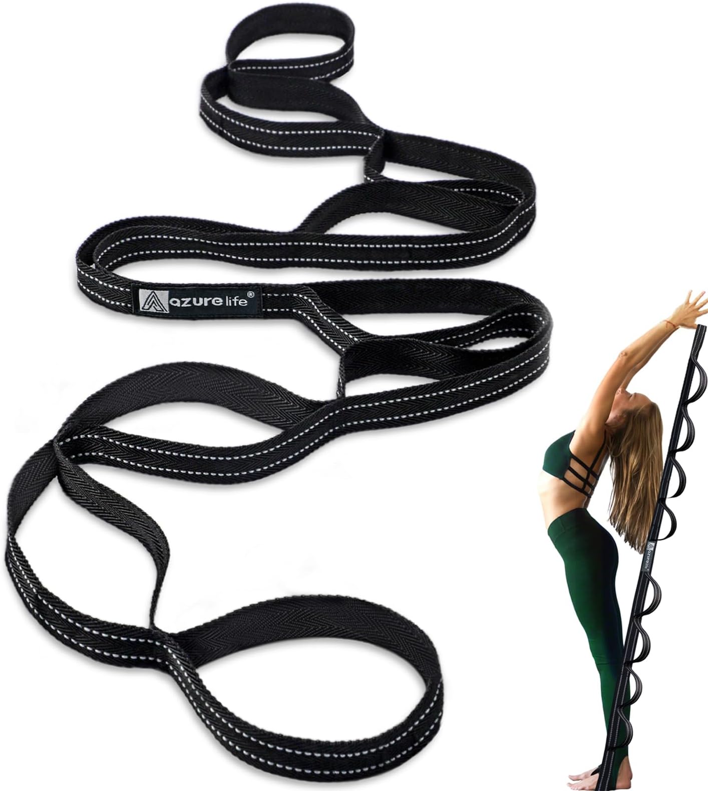 A AZURELIFE Premium Durable Stretch Straps with Loops, Stretching Strap for Physical Therapy, Multi-Loop Yoga Strap Fitness Exercise Strap for Yoga, Pilates, Dance, Flexibility&Exercise