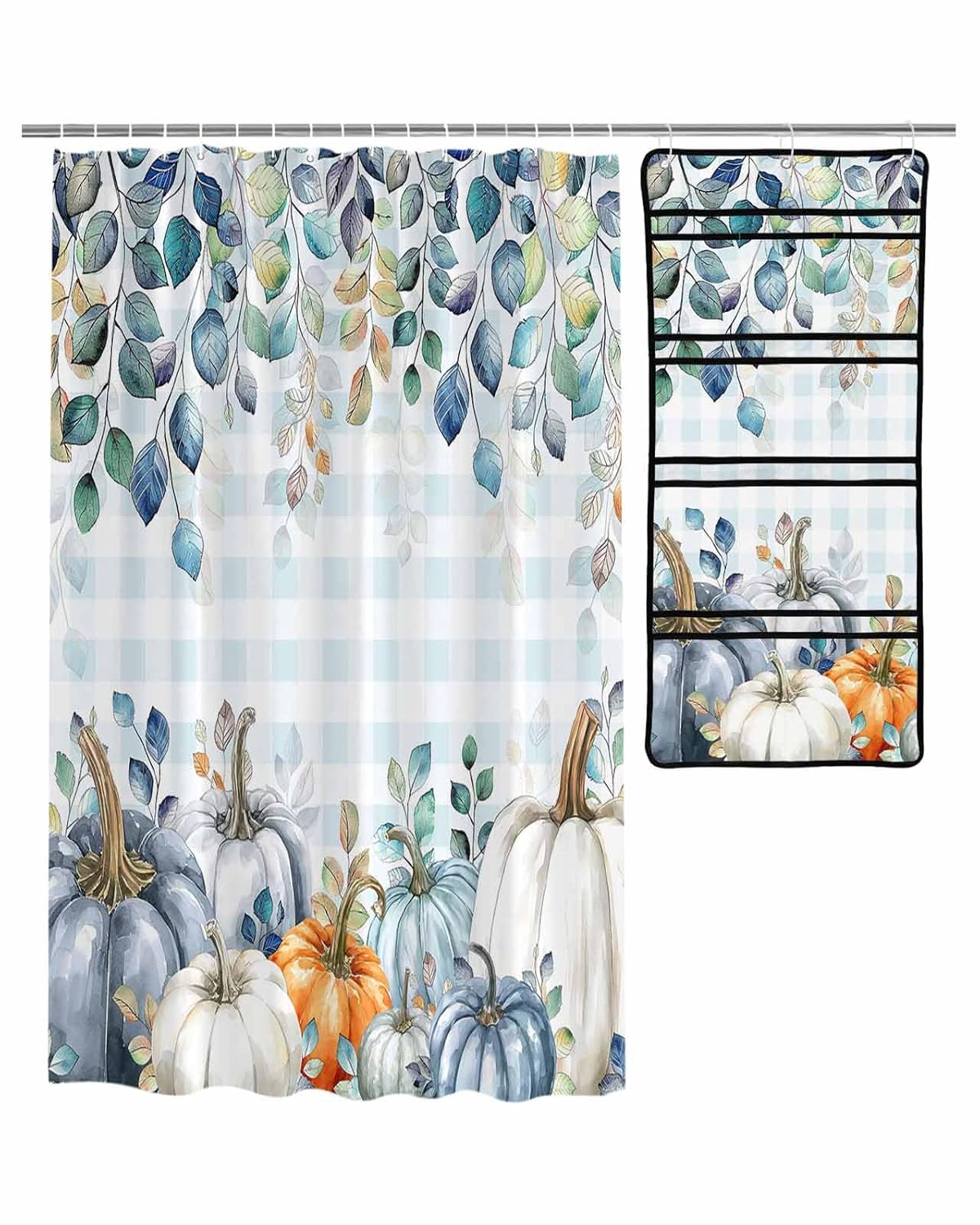 Decorative Shower Curtain Sets Thanksgiving Fabric Waterproof Shower Curtains Fall Pumpkin Eucalyptus Leaf Light Blue Check Mesh Shower