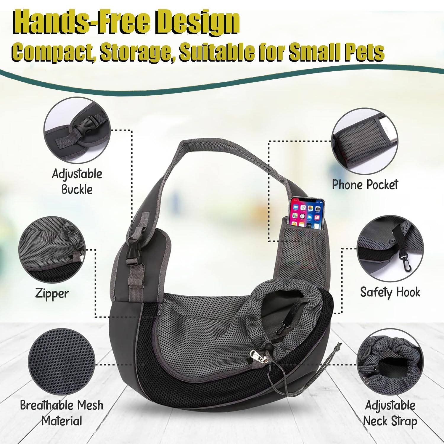 Sac de Transport en Maille Respirant pour Chien et Chat - Bandoulière Réglable Mains Libres (Noir)