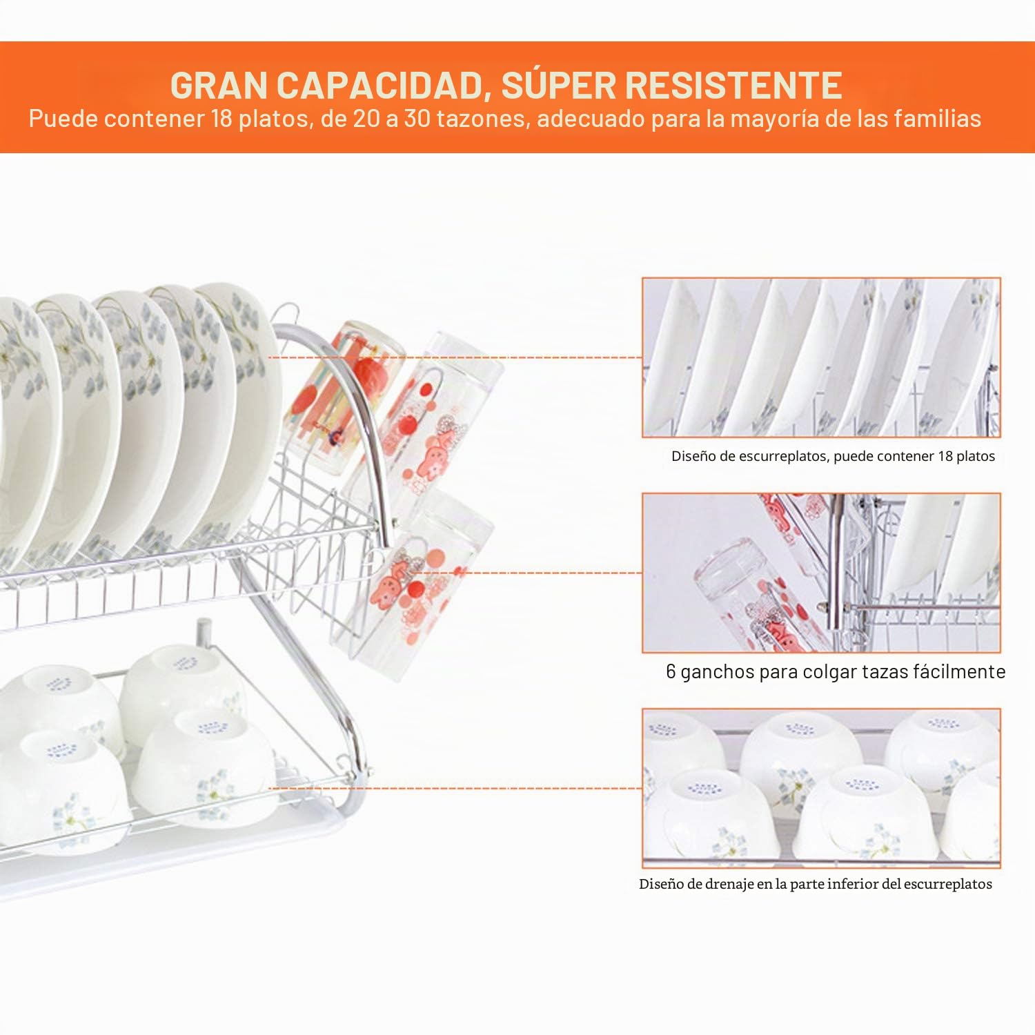 ARyee Escurreplatos de Dos Niveles Estante Plateado, Cuencos Platos Portavasos con Bandeja de Goteo