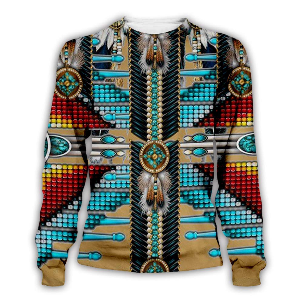 Keepmore Men's #1 Indian Ethnic Sweatshirt Totem Print Loose Plus Size Long Sleeve Round Neck Pullover Sweatshirt