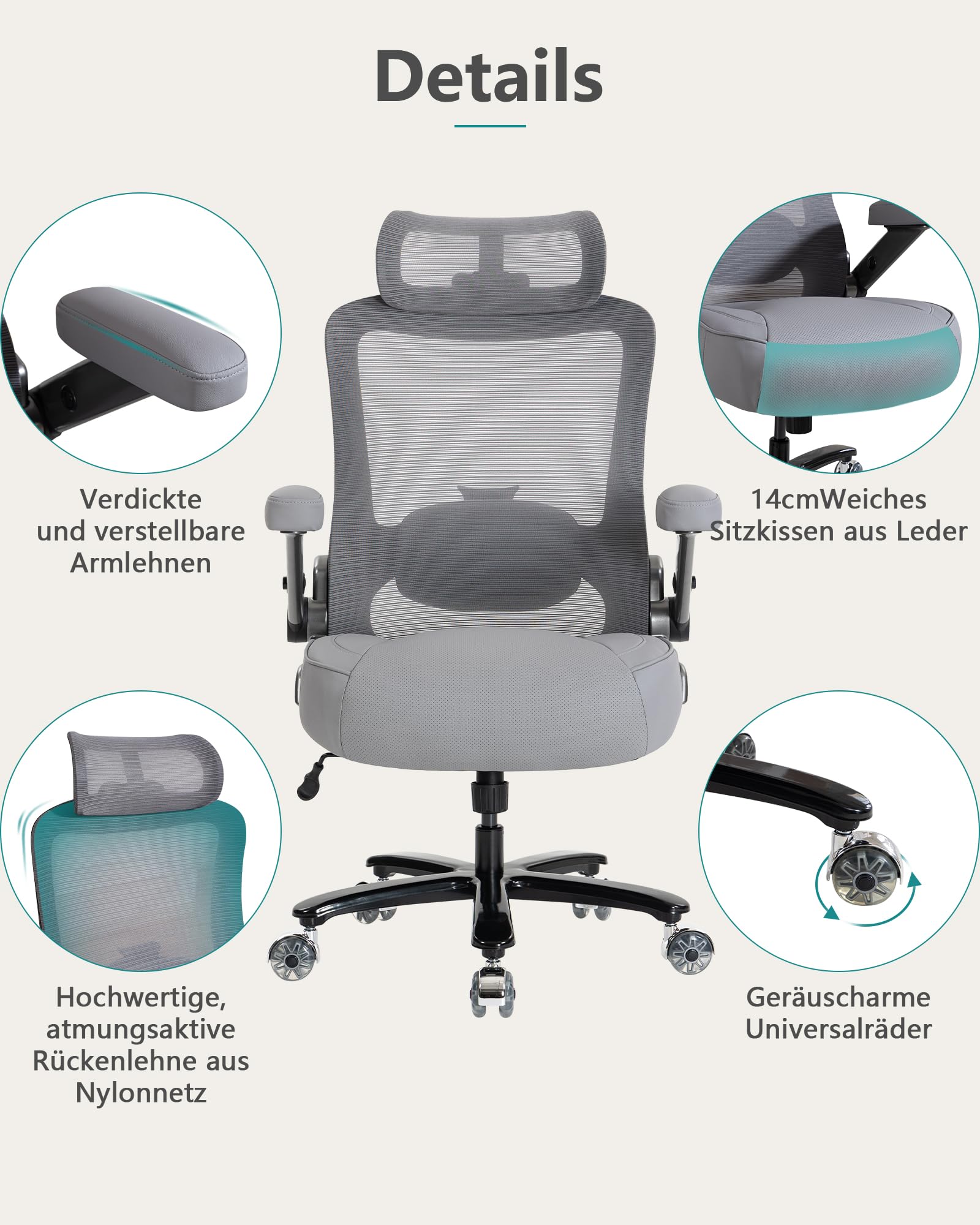 Ergonomischer Bürostuhl mit Lordosenstütze & Kopfstütze, bis 350 kg belastbar, Höhenverstellbar, Mesh-Rückenlehne mit Kippfunktion, Verstell- & Klappbare Armlehnen, Breiter Sitz, Grau