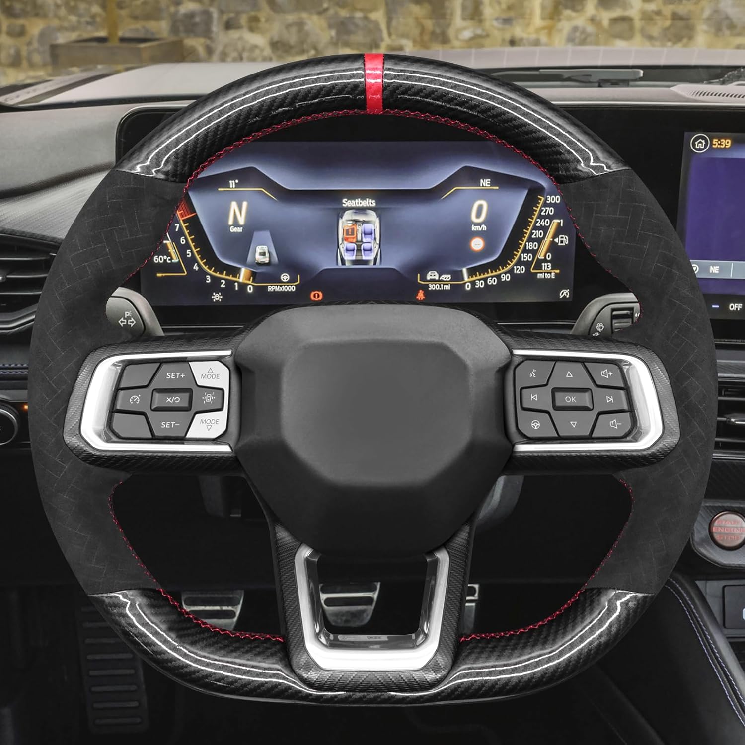 MEWANT Hand Stitch Black Shiny PU Carbon Fiber Woven Embossed Athsuede Steering Wheel Cover for Ford Mustang 2024