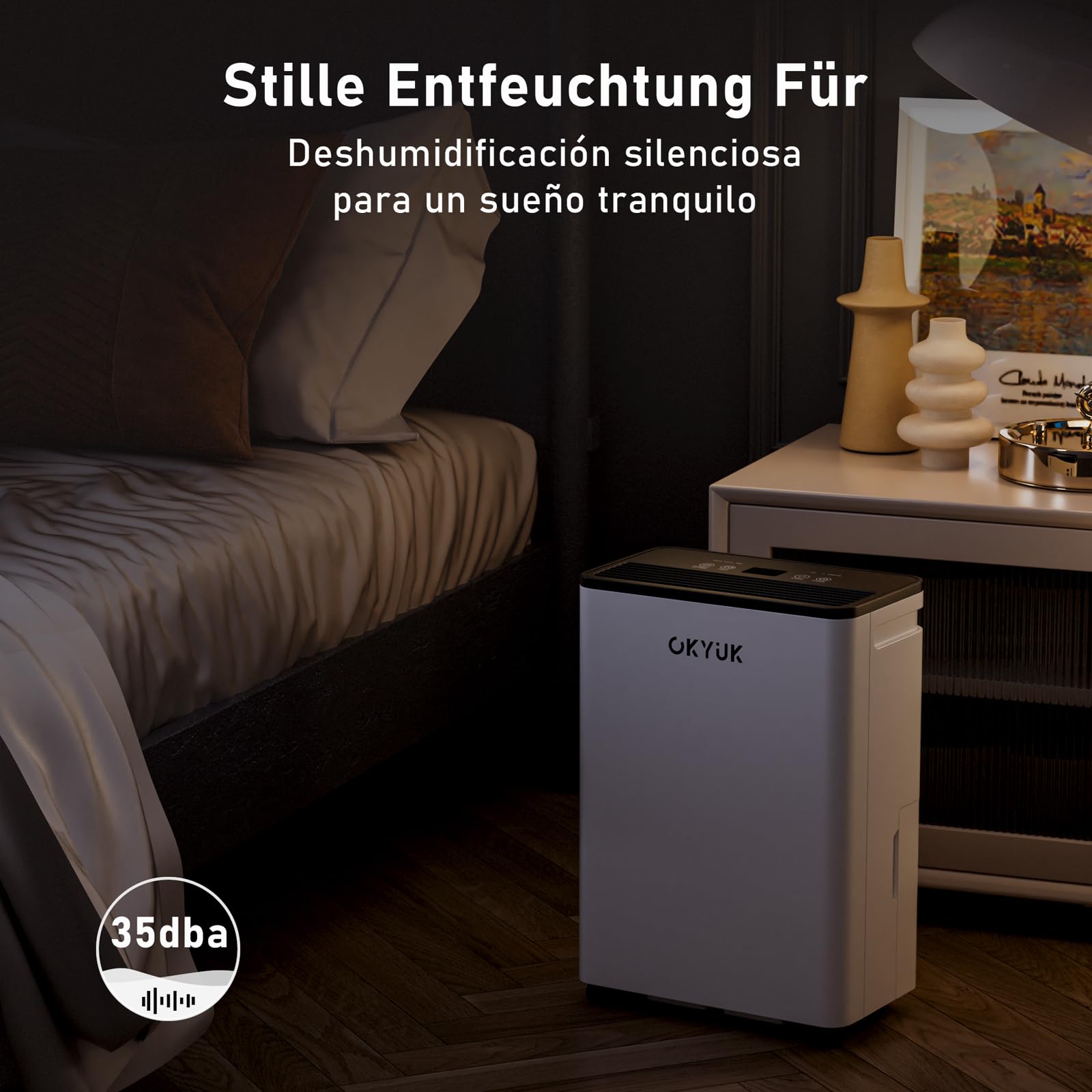 OKYUK Deumidificatore 12 litri/giorno, adatto per ambienti di circa 90 metri cubi (30 metri quadrati), Deumidificatore casa muffa, sbrinamento automatico, 32 dB, refrigerante R290, PD12R-03DE