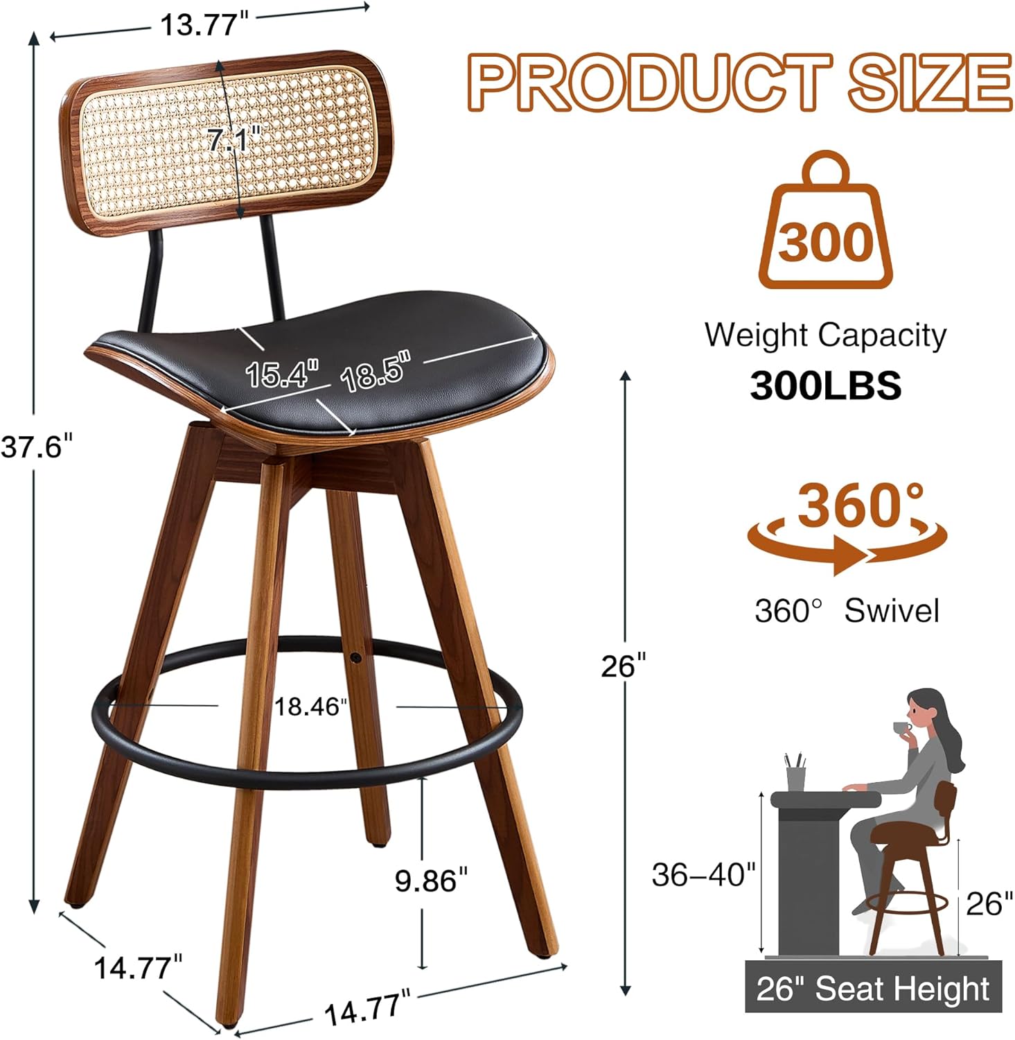 VipDesk Swivel Bar Stools Set of 2, Faux Leather Counter Height Stools with Rattan Back, 26" Seat Height Upholstered Bar Chairs with Bentwood Wood Frame for Kitchen Island - Black