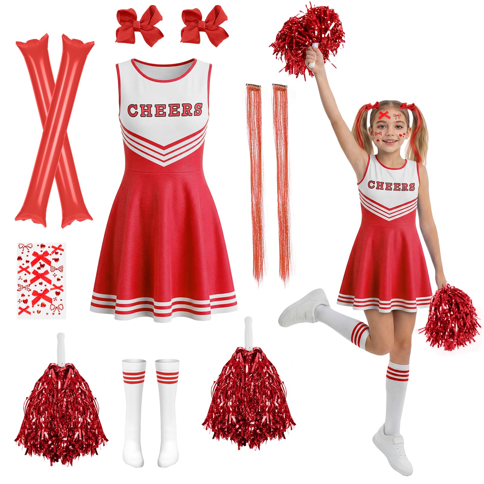 AYBUY Cheerleader Costume for Girls,Kids Cheerleader Outfit,Girl's Cheerleading Uniform for World Book Day Halloween Carnival Party Cosplay School Events, Red（150）